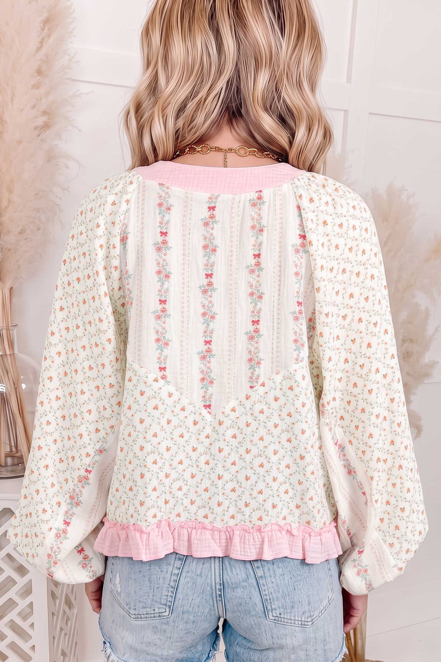 Beige Floral Print Color Block Trim Lace-up V Neck Long Sleeve Blouse