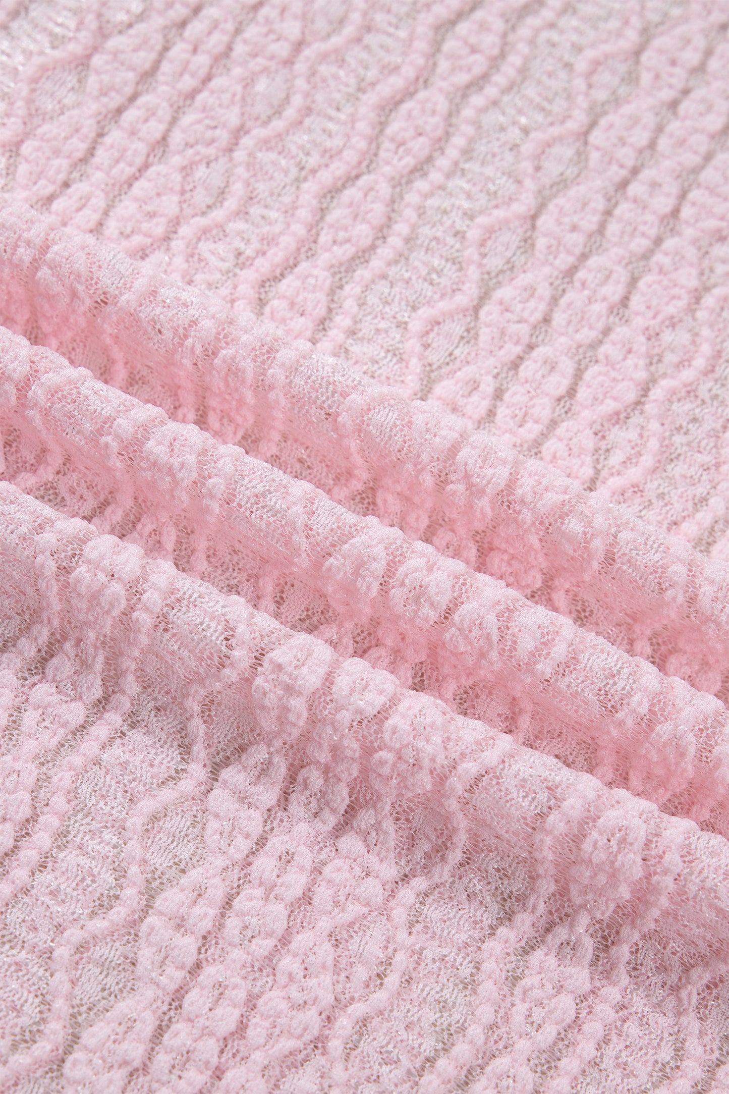 Light Pink Flounced Long Sleeve Mock Neck Sheer Lace Top