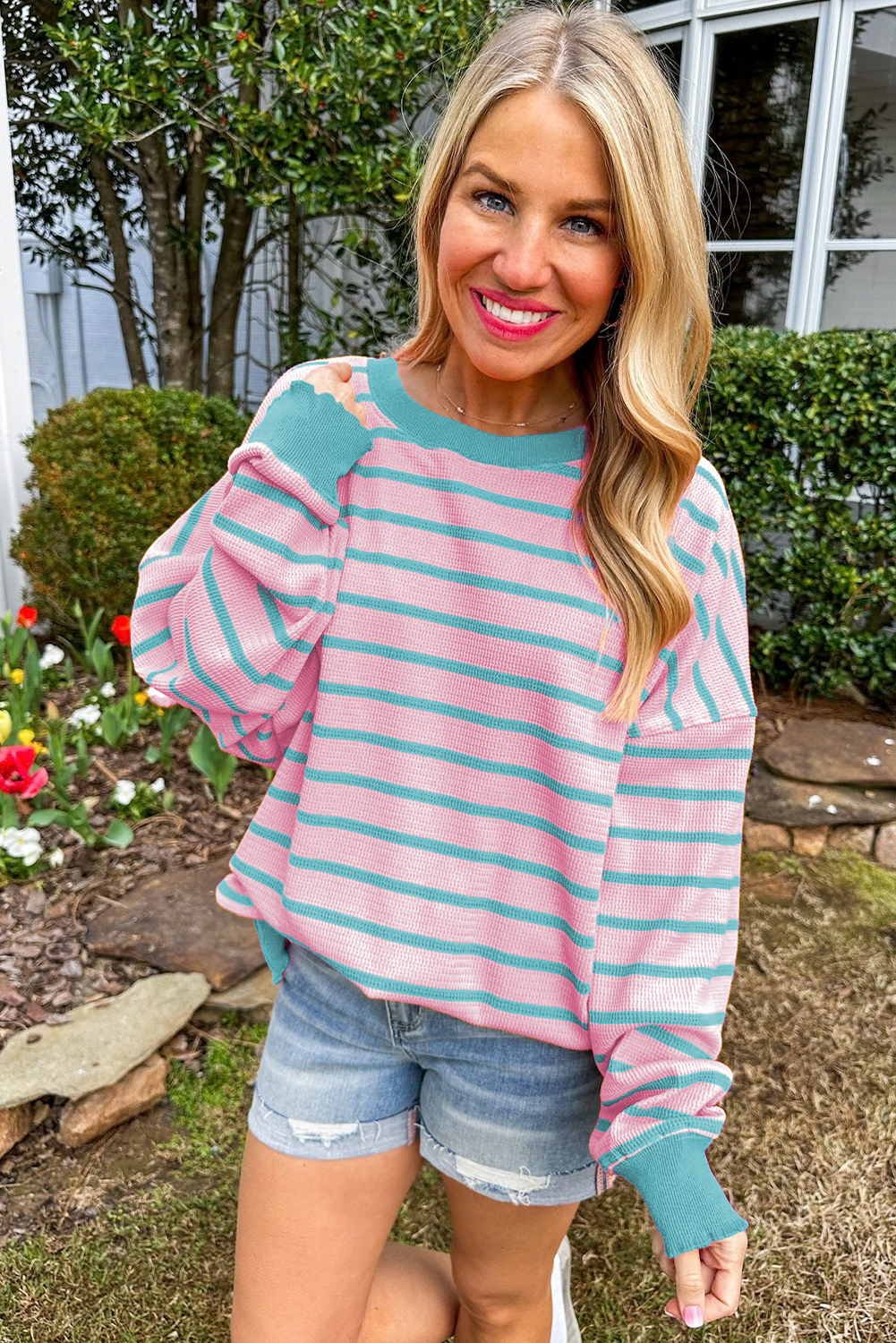 Sky Blue Stripe Trimmed Round Neck Drop Shoulder Loose Sweater