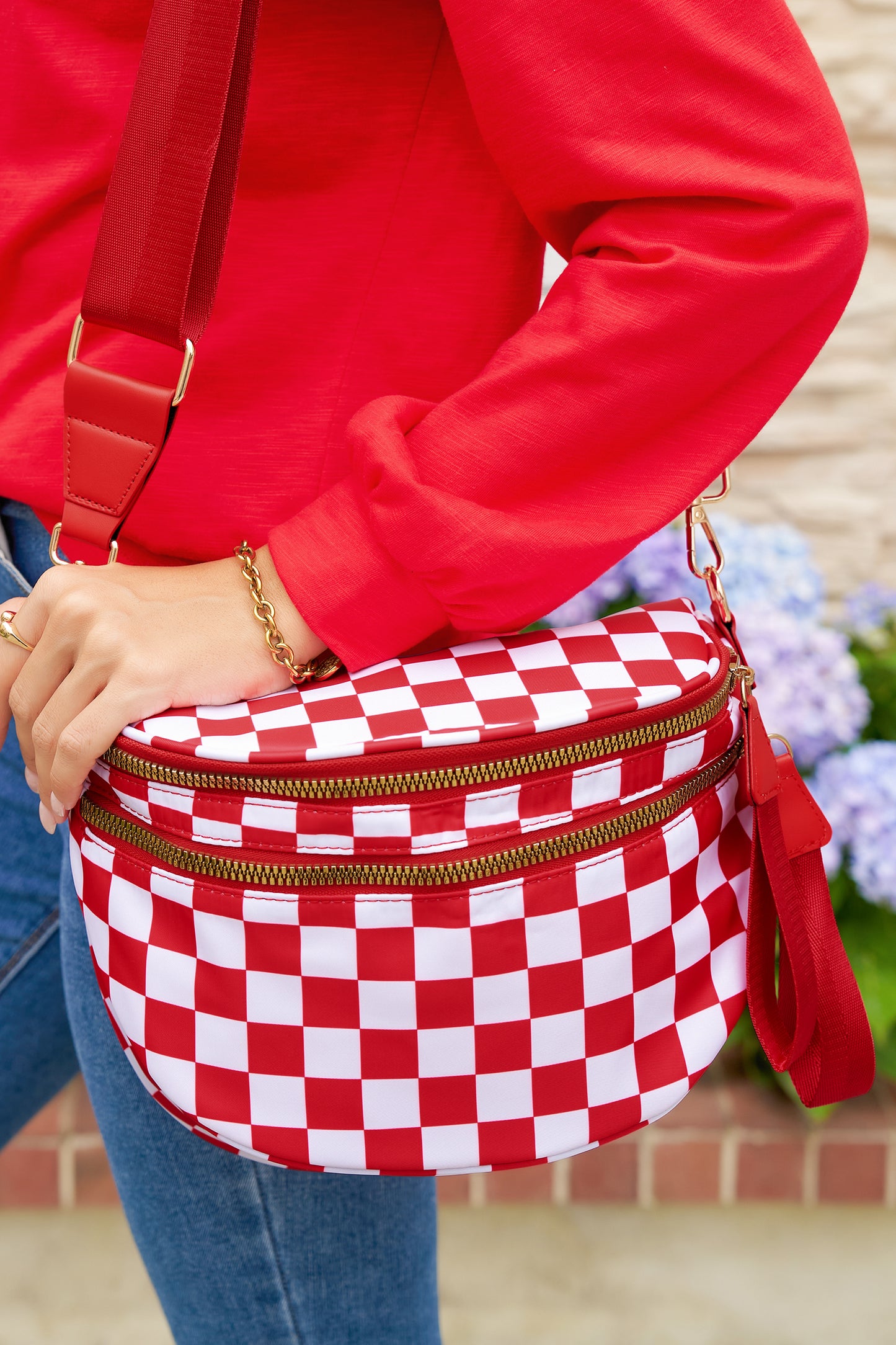 White Checkered Print Wide Strap Large Crossbody Bag