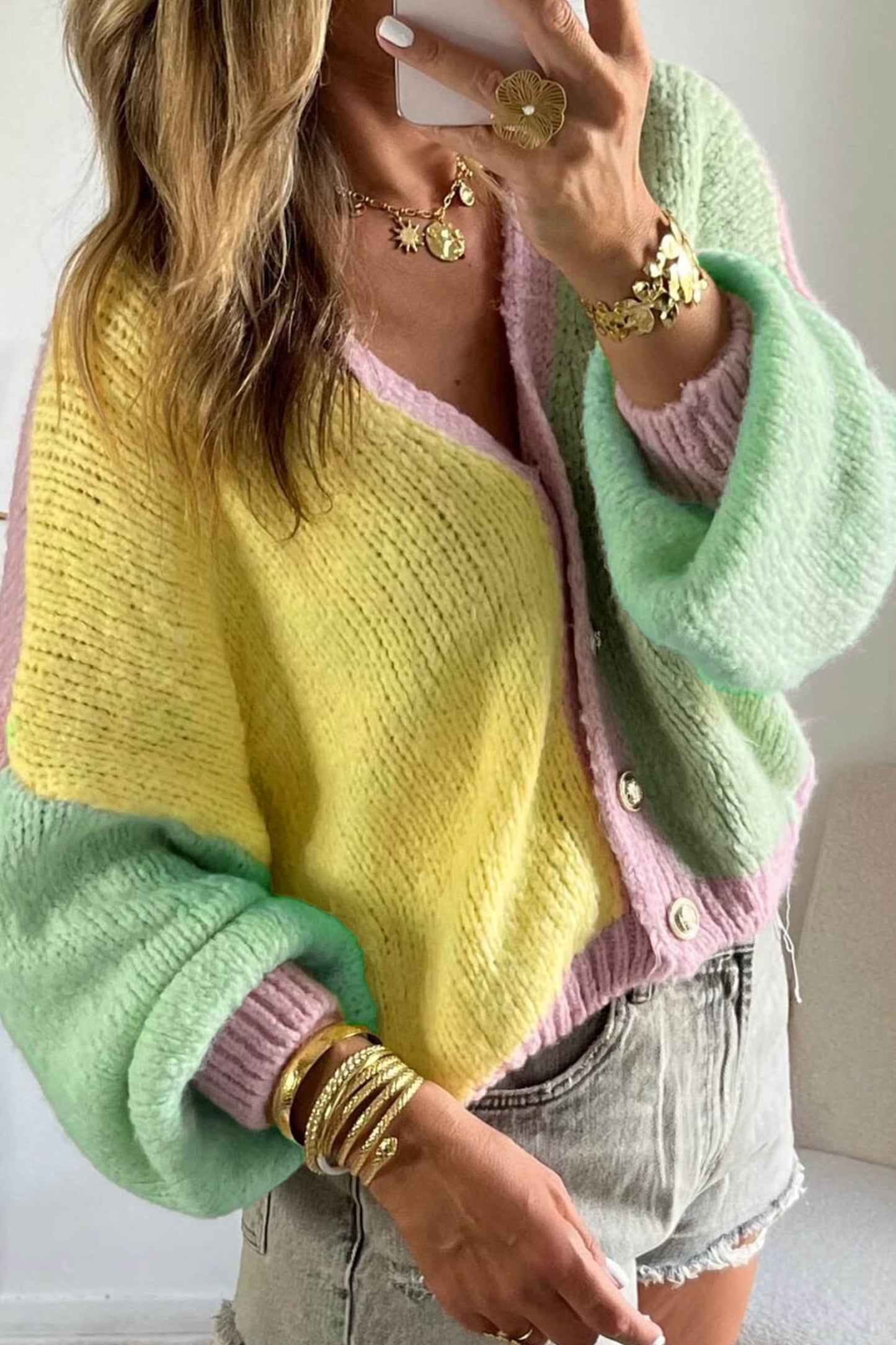 Yellow V Neck Drop Shoulder Patchwork Regular Wash Knitwear Cardigan
