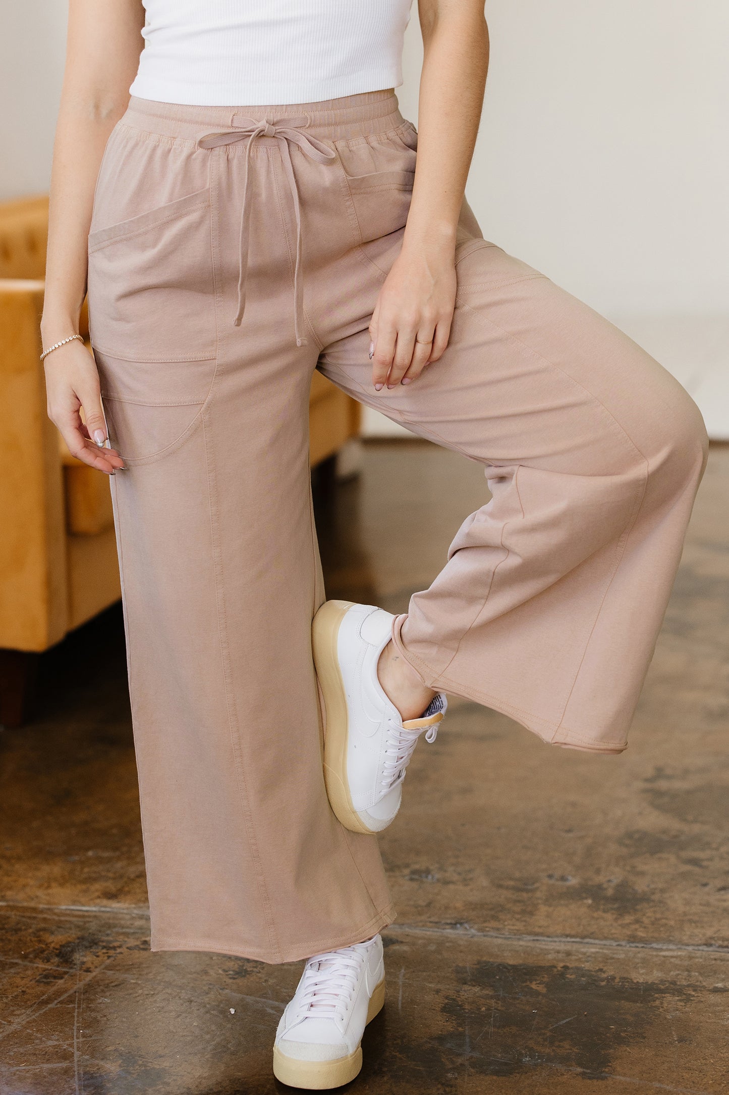 Beige Mineral Wash Pocketed Wide Leg Pants