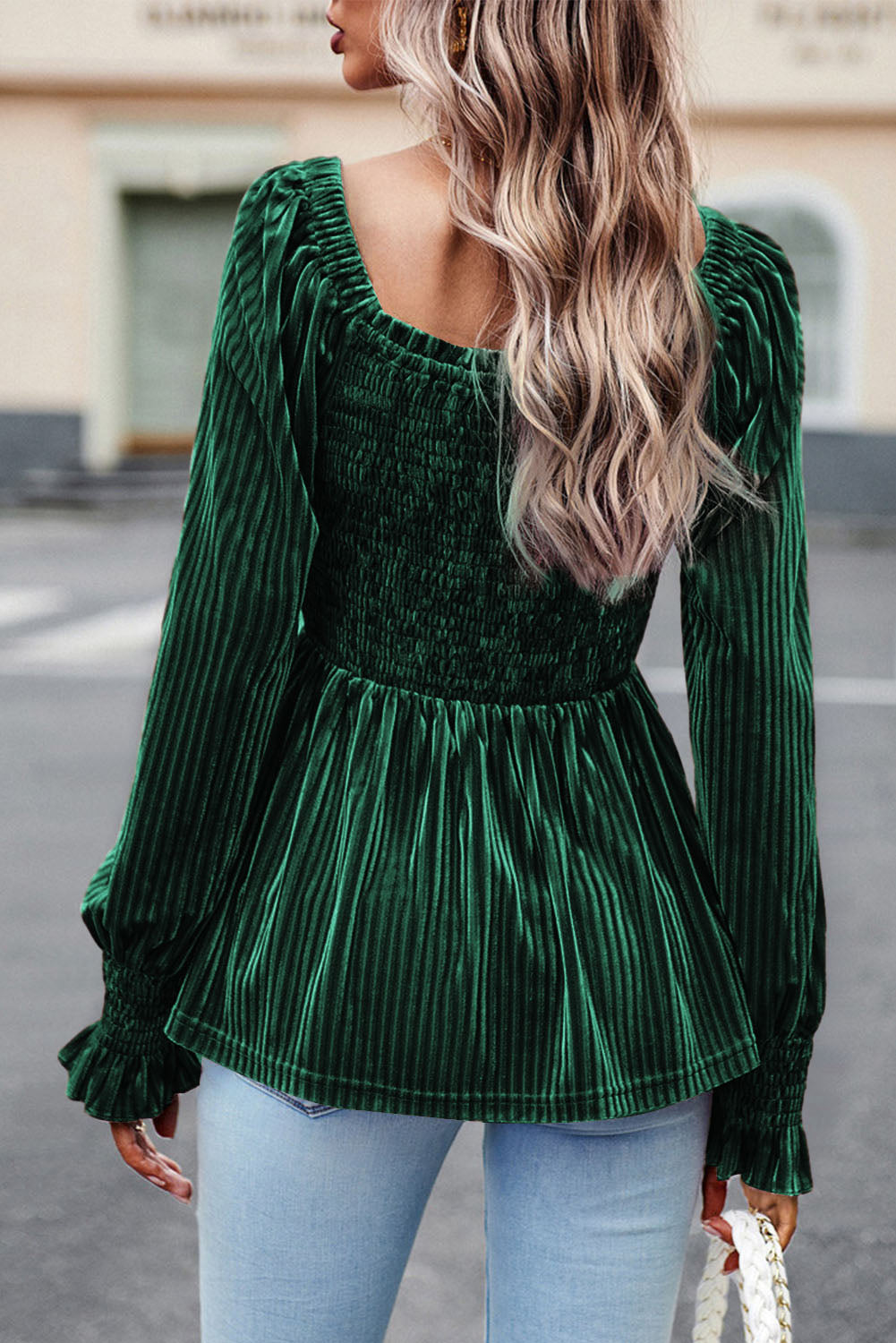 Green Smocked Ribbed Velvet Babydoll Top
