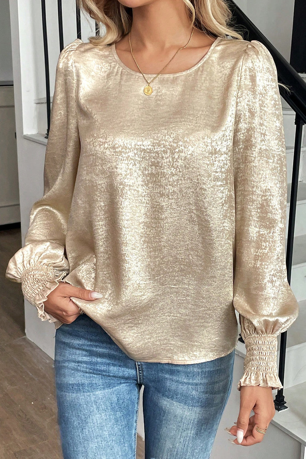 Champagne Crinkle Satin Blouse