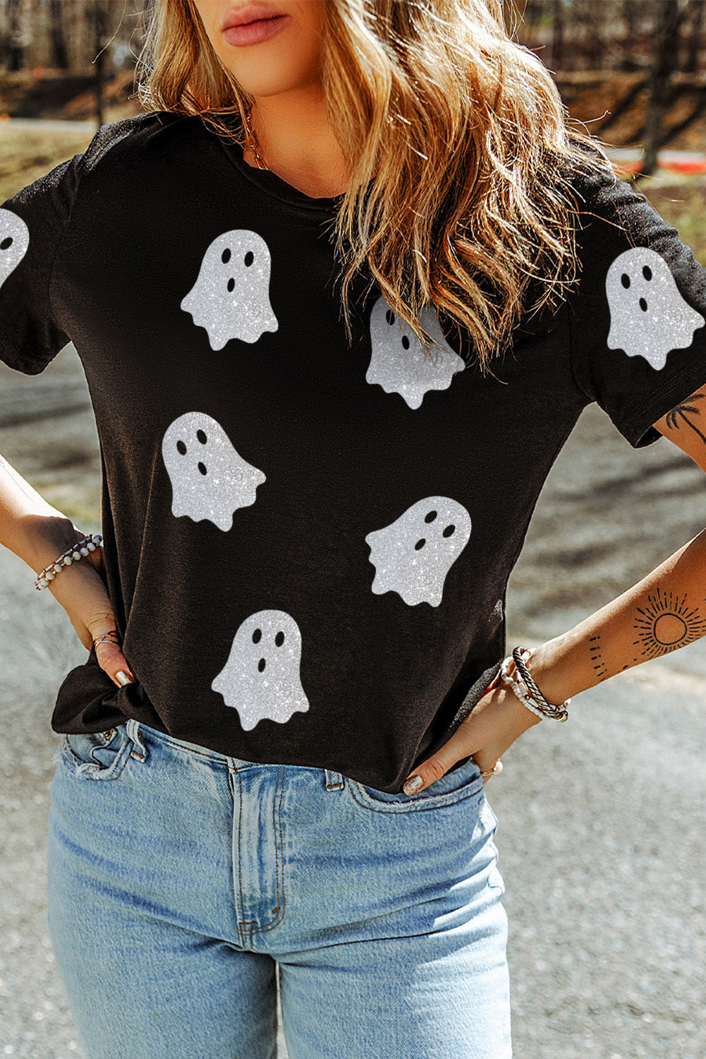 Glitter Ghost Pattern Crew Neck Halloween T Shirt