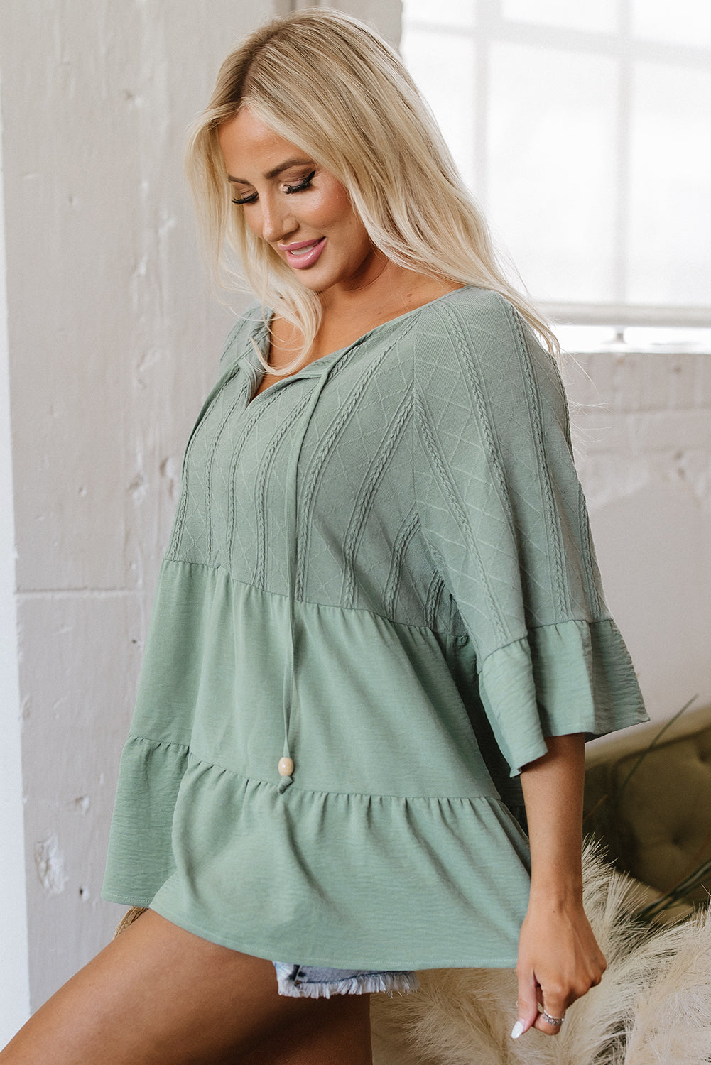 Sage Green Textured Ruffle Patchwork Blouse