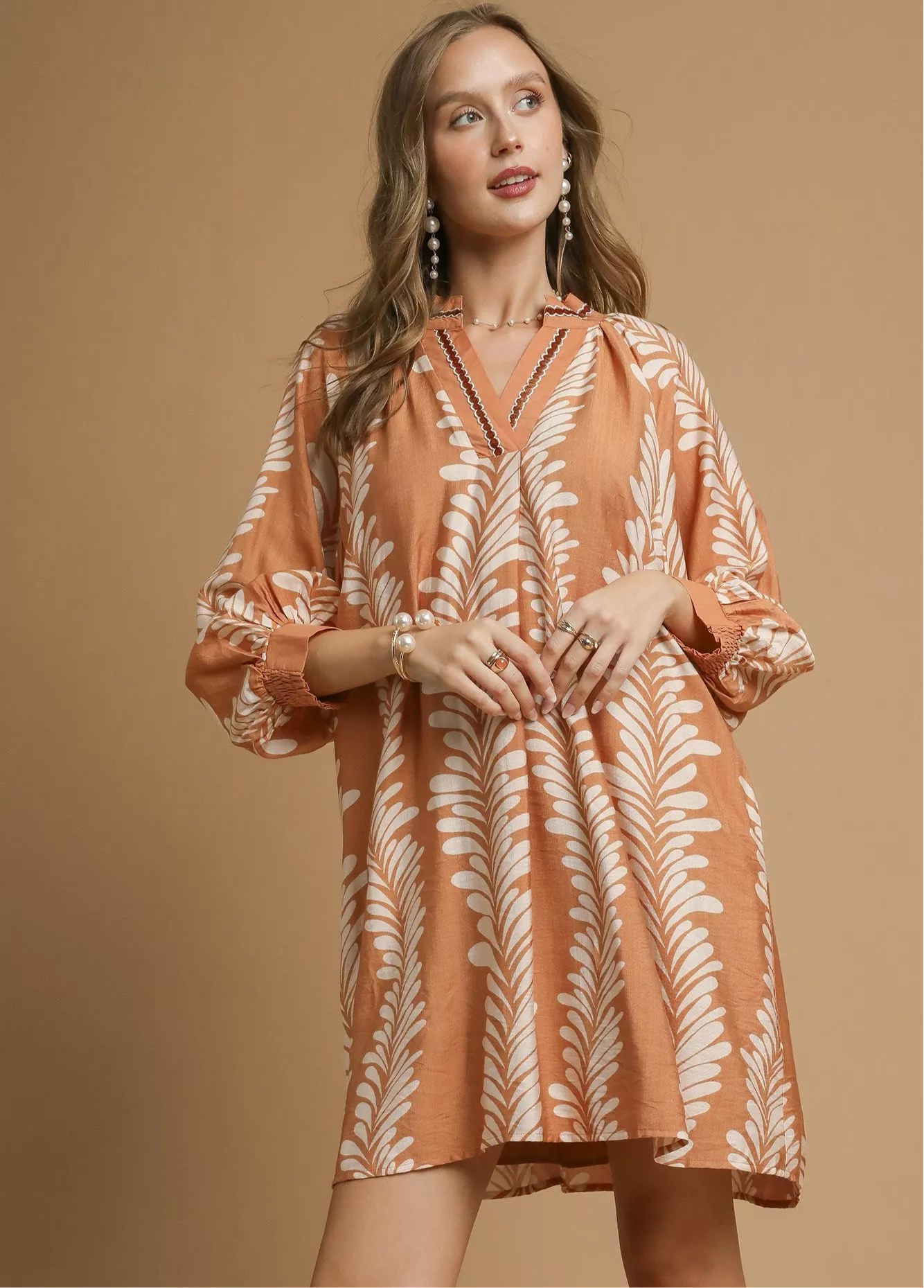 Umgee Leaf Print Notched Mini Babydoll Dress