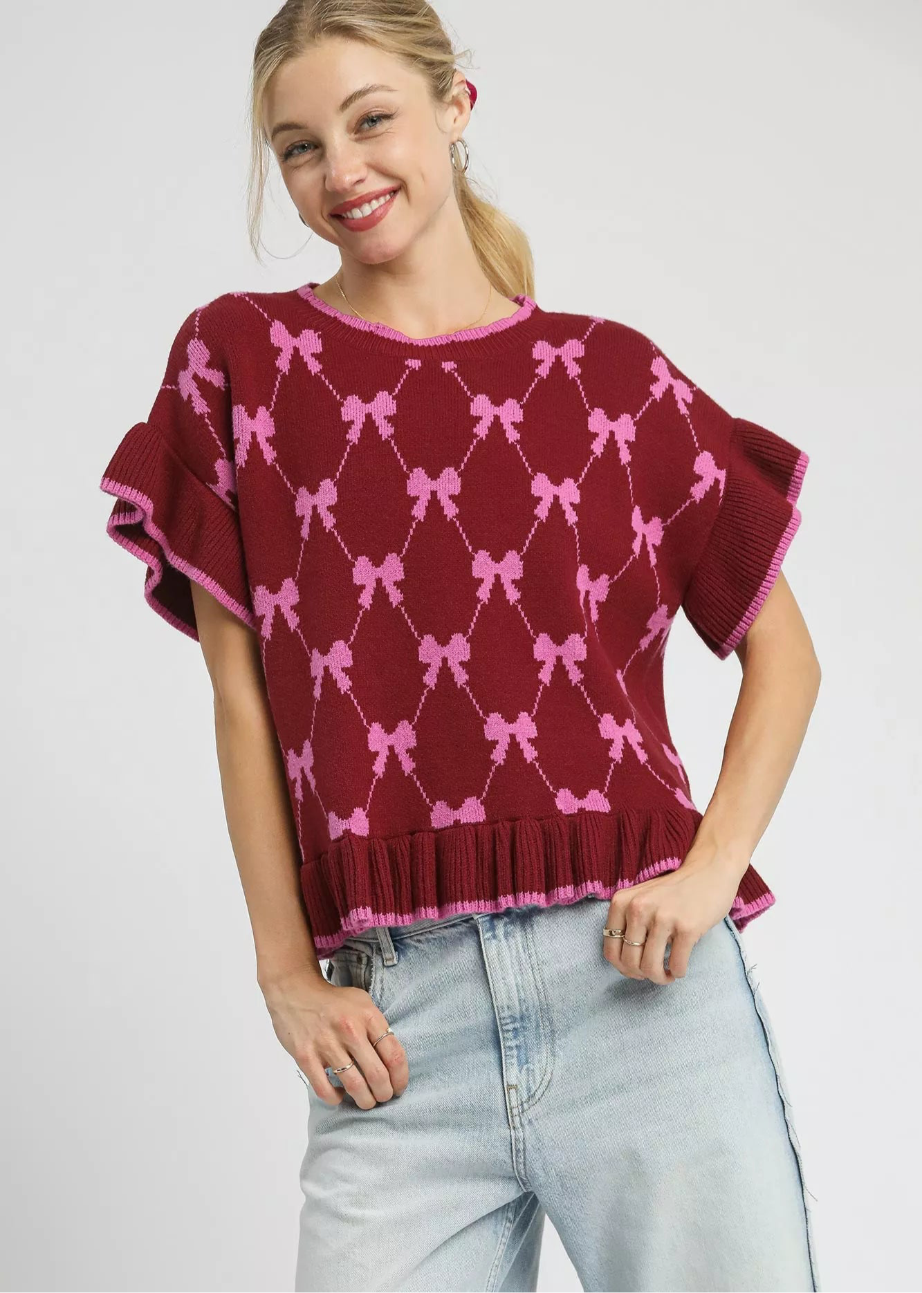 Honor Roll Bow Knit Ruffle Sleeve Sweater