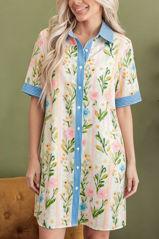 Multicolour Floral Print Striped Trim Button Down Shift Dress
