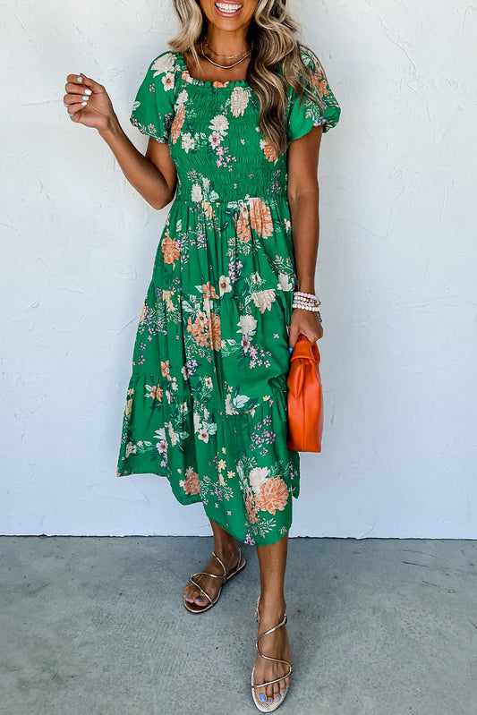 Emerald Garden Smocked Midi Dress