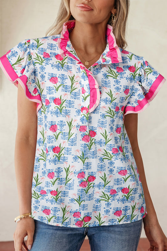Rose Floral Print Color Block Striped Trim Flutter Sleeve Half Button Blouse