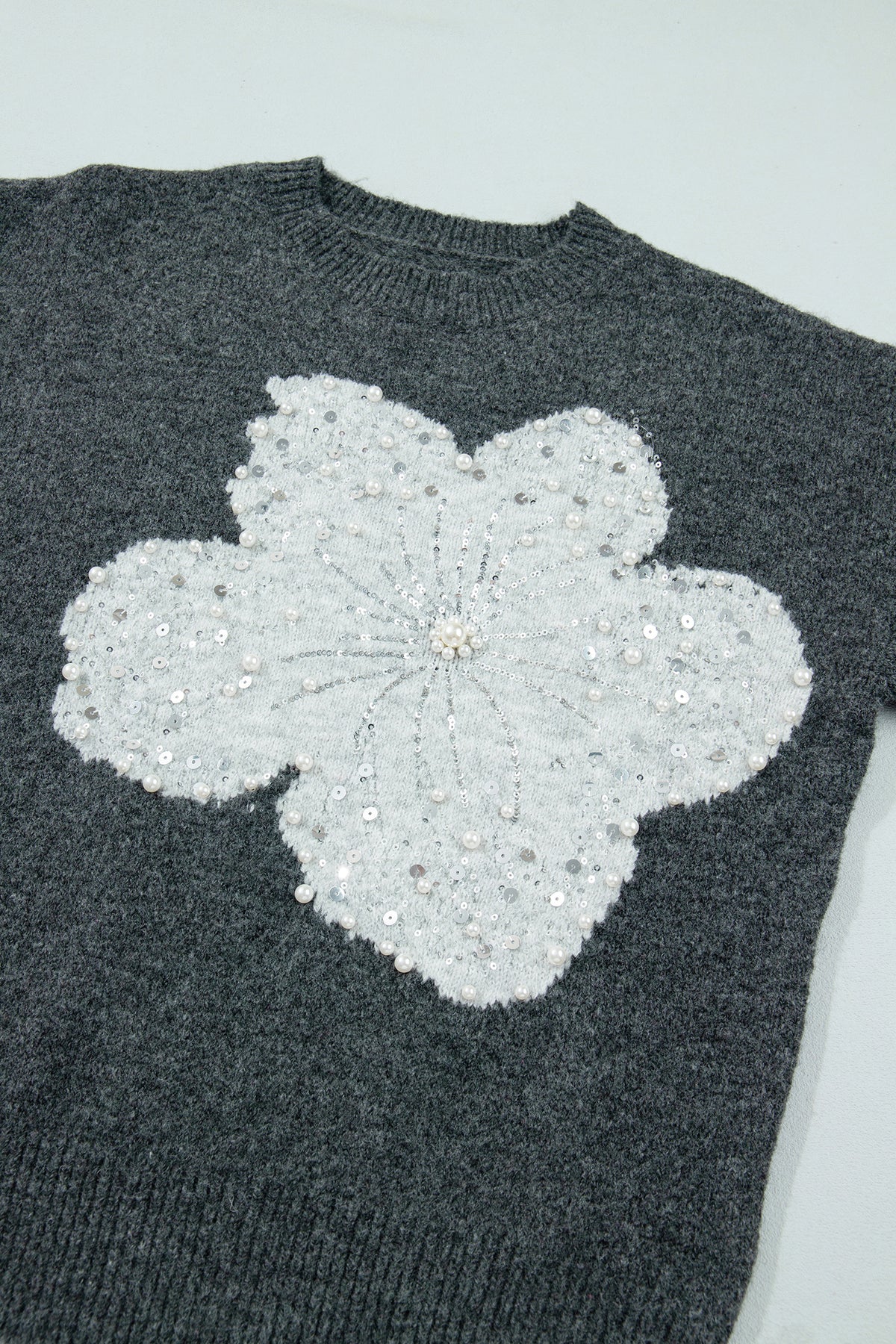 Dark Grey Beaded Floral Accent Casual Round Neck Sweater
