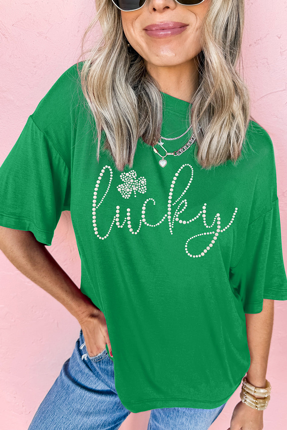 Bright Green Rhinestone Lucky Clover Graphic Tee