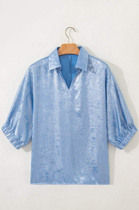 Myosotis Collared V Neck Half Sleeve Metallic Top