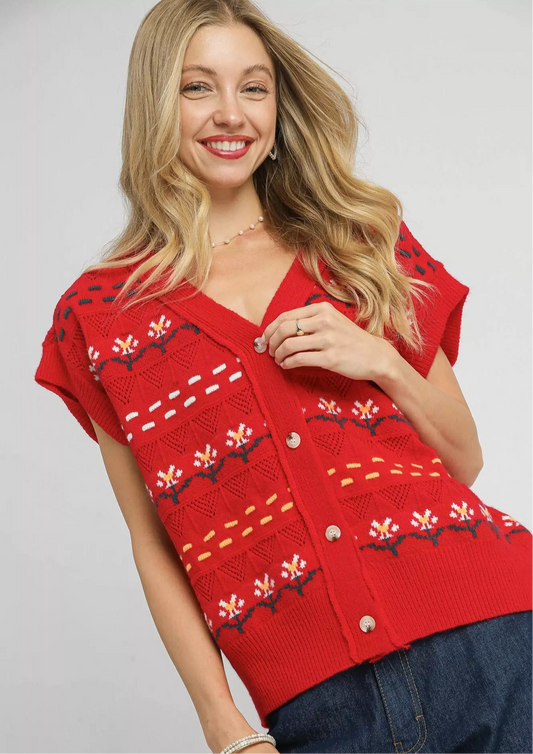 Umgee Button-Down Knit Vest with Floral Pattern