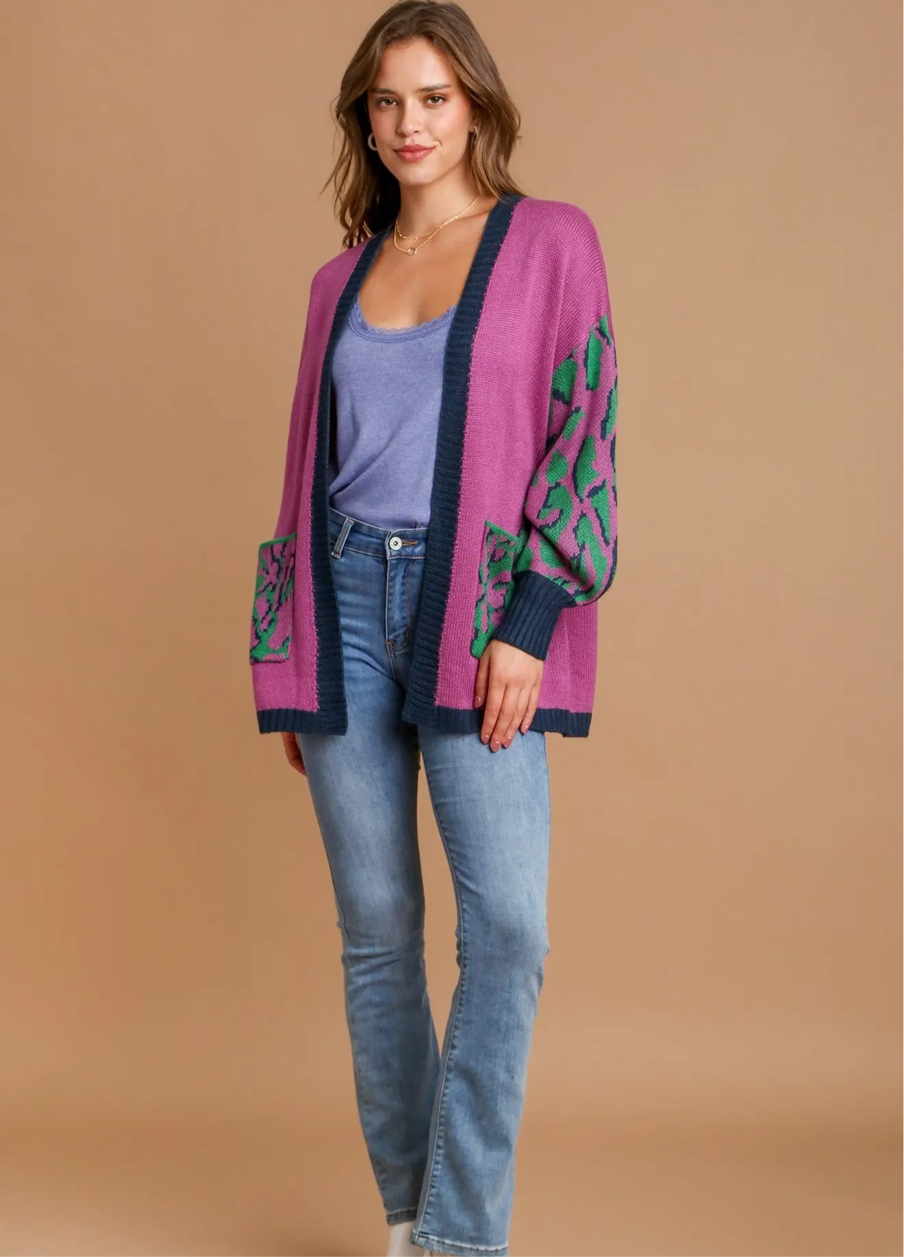 Umgee Animal Print Open Front Sweater Cardigan