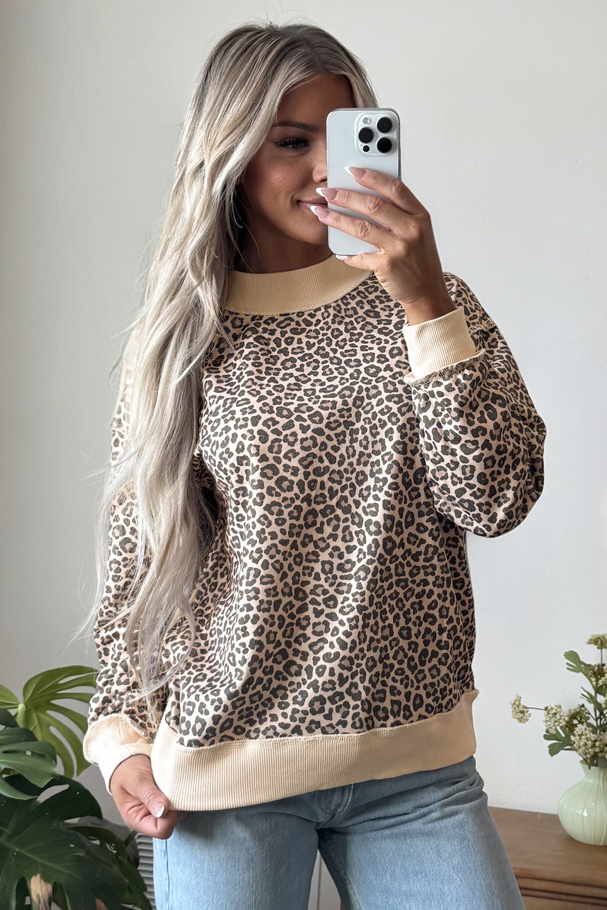 Multicolour Leopard Print High Neck Long Sleeve Ribbed Cuffs Hem Sweatshirt