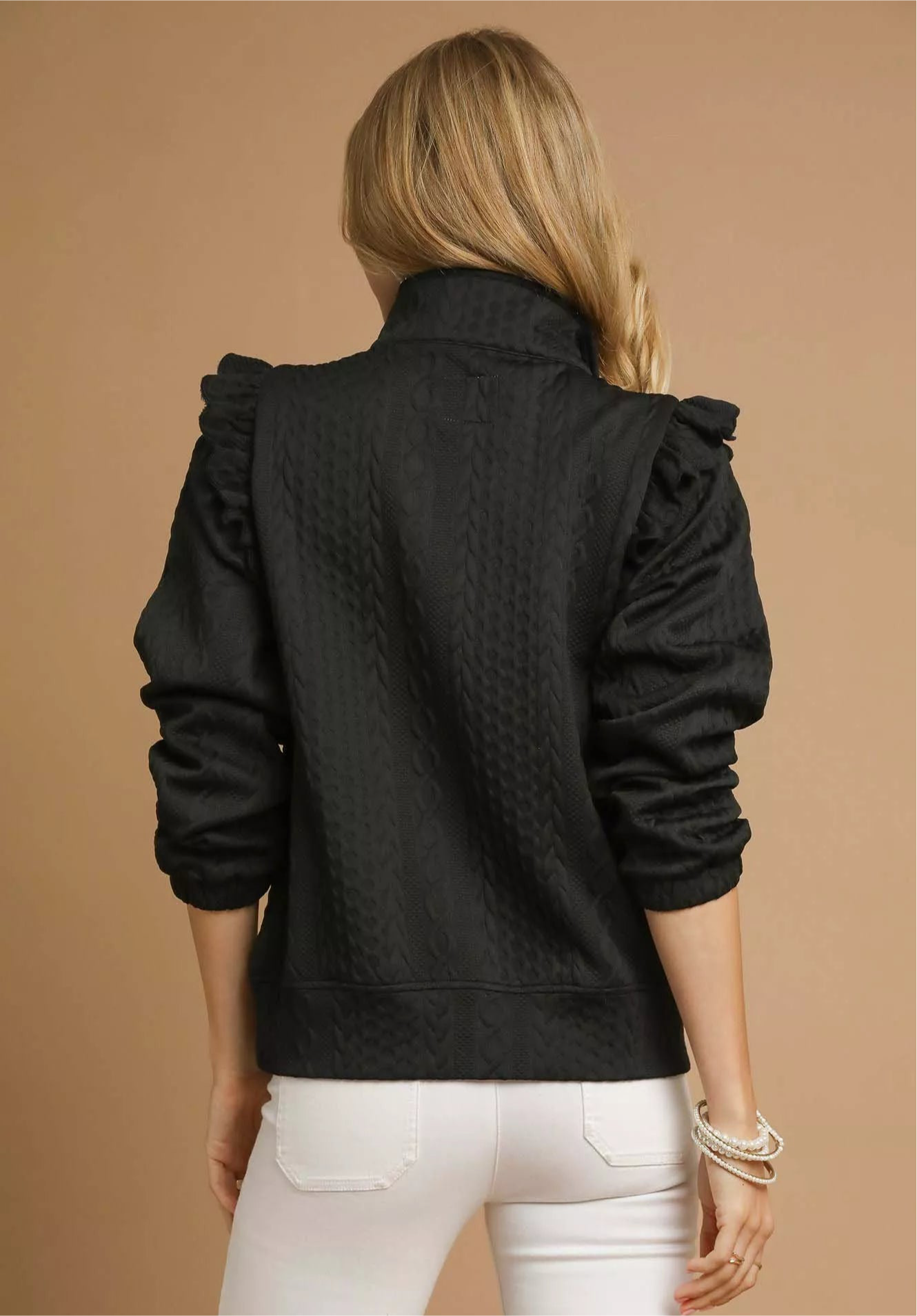 Umgee Cable Knit Textured Pullover with Ruffle Shoulders