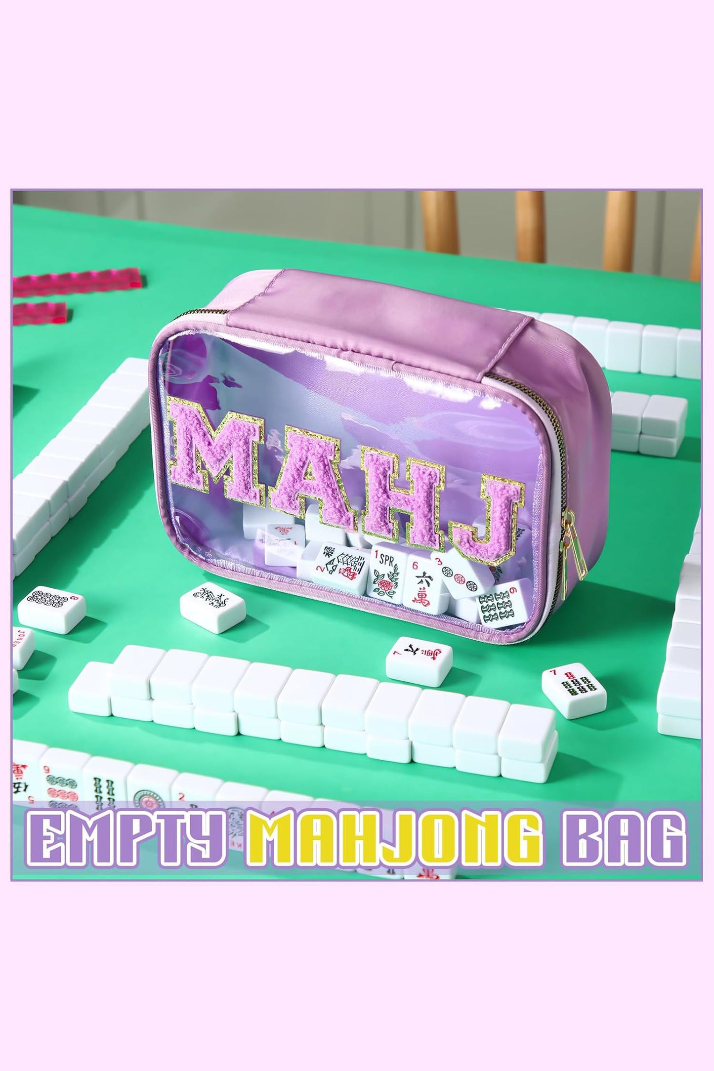 Wisteria MAHJ Chenille Patched PVC Clear Waterproof Zip Storage Bag