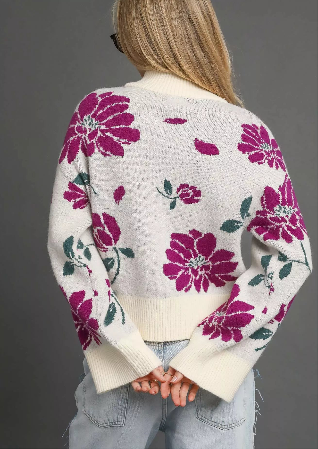 Umgee Floral Patterned Mock Neck Sweater