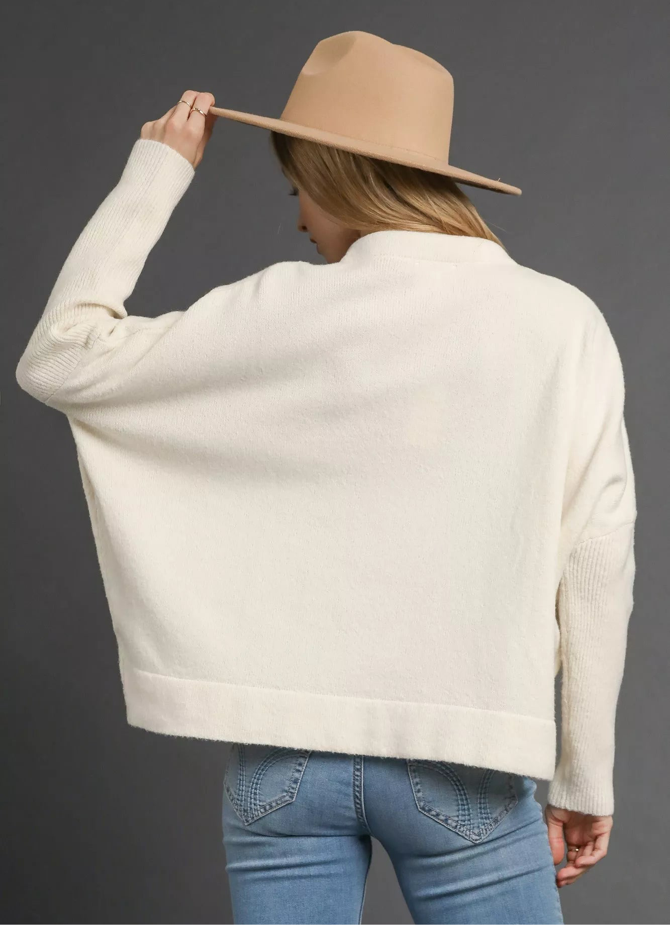 Umgee V-Neck Sweater with Wide Trim Detail