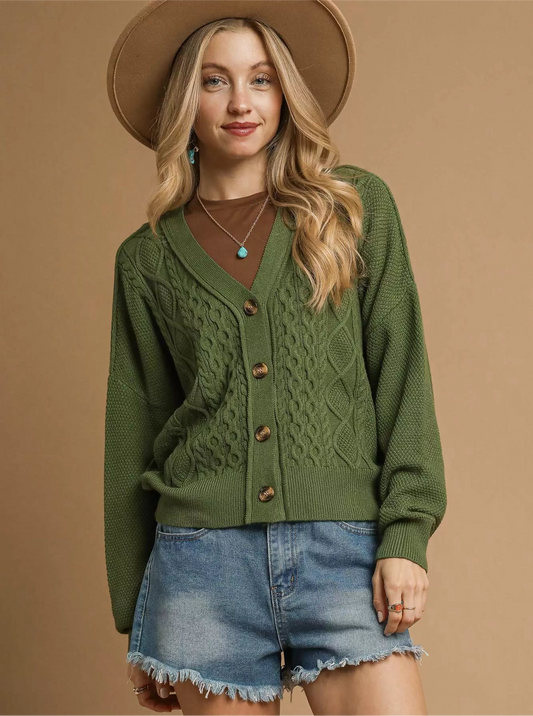 Umgee Chunky Cable Knit V-Neck Button-Up Cardigan