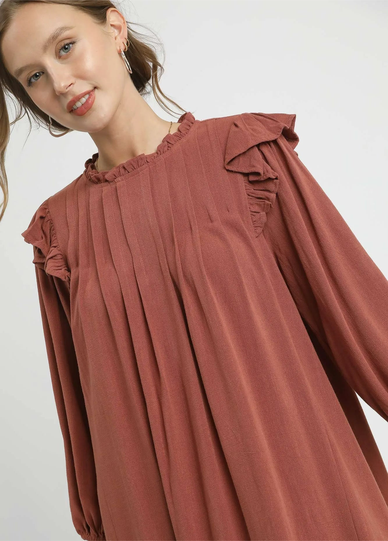 Umgee Linen Ruffle Shoulder Pleated Babydoll Dress