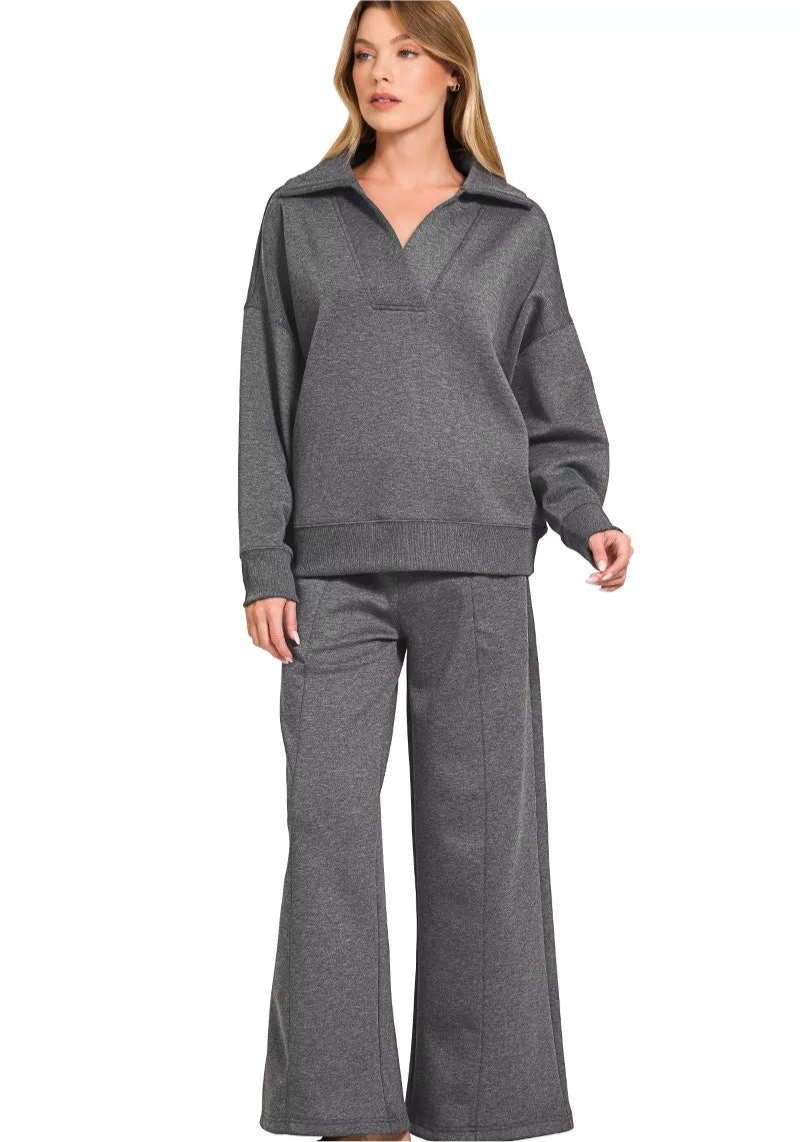 Zenana Scuba Collared Pullover and Pants Set