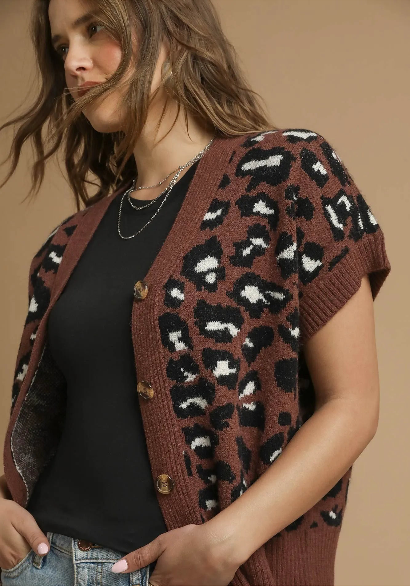 Umgee Leopard Button Down Short Sleeve Cardigan