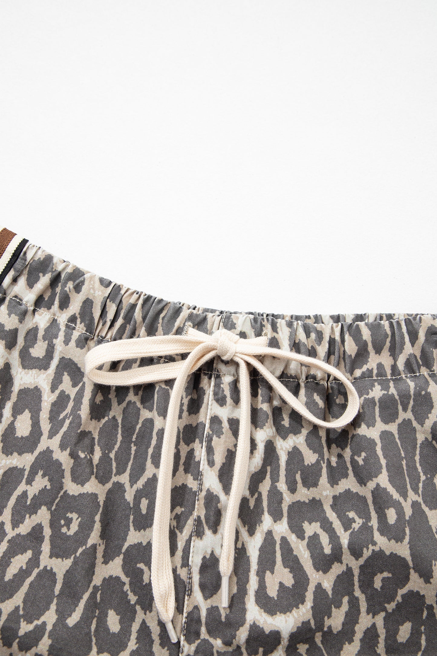 Multicolour Leopard Pattern Striped Detail Drawstring Denim Shorts