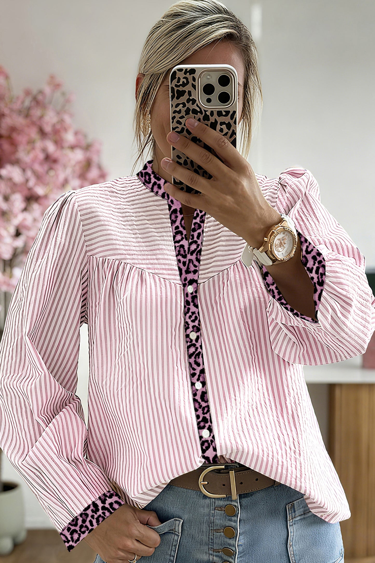 Blush & Bold Leopard Trim Blouse