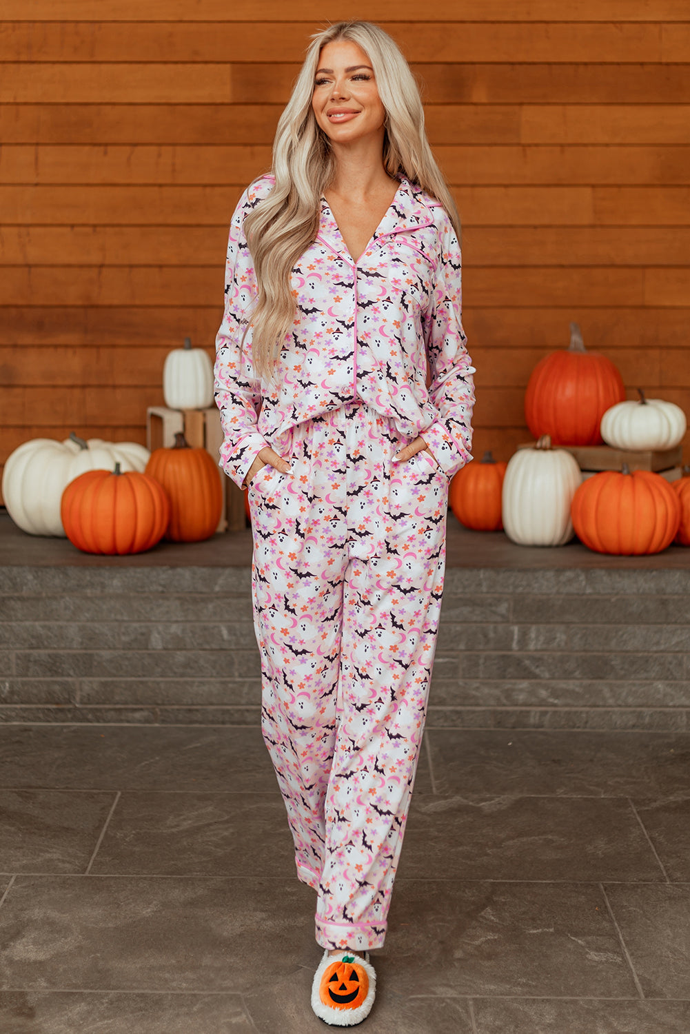 Pink Halloween Eve Haunted Honey Bat Print Pajama Set