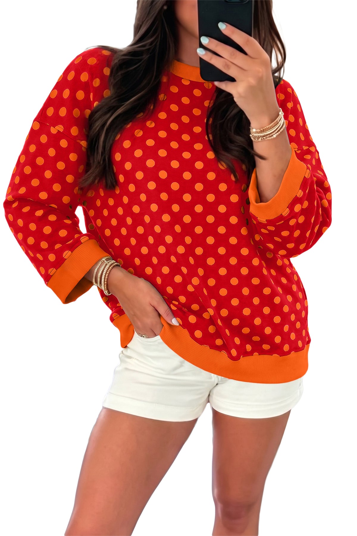 Green Polka Dot Print Contrast Trim Round Neck Bracelet Sleeve Top