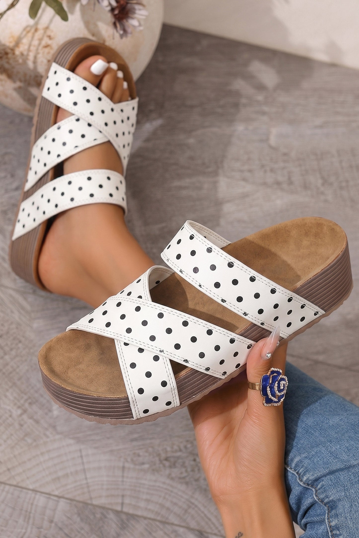 Color black Polka Dot Crossed Band Soft Suede Platform Slippers