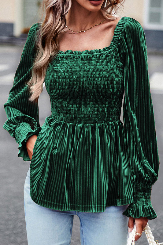 Green Smocked Ribbed Velvet Babydoll Top