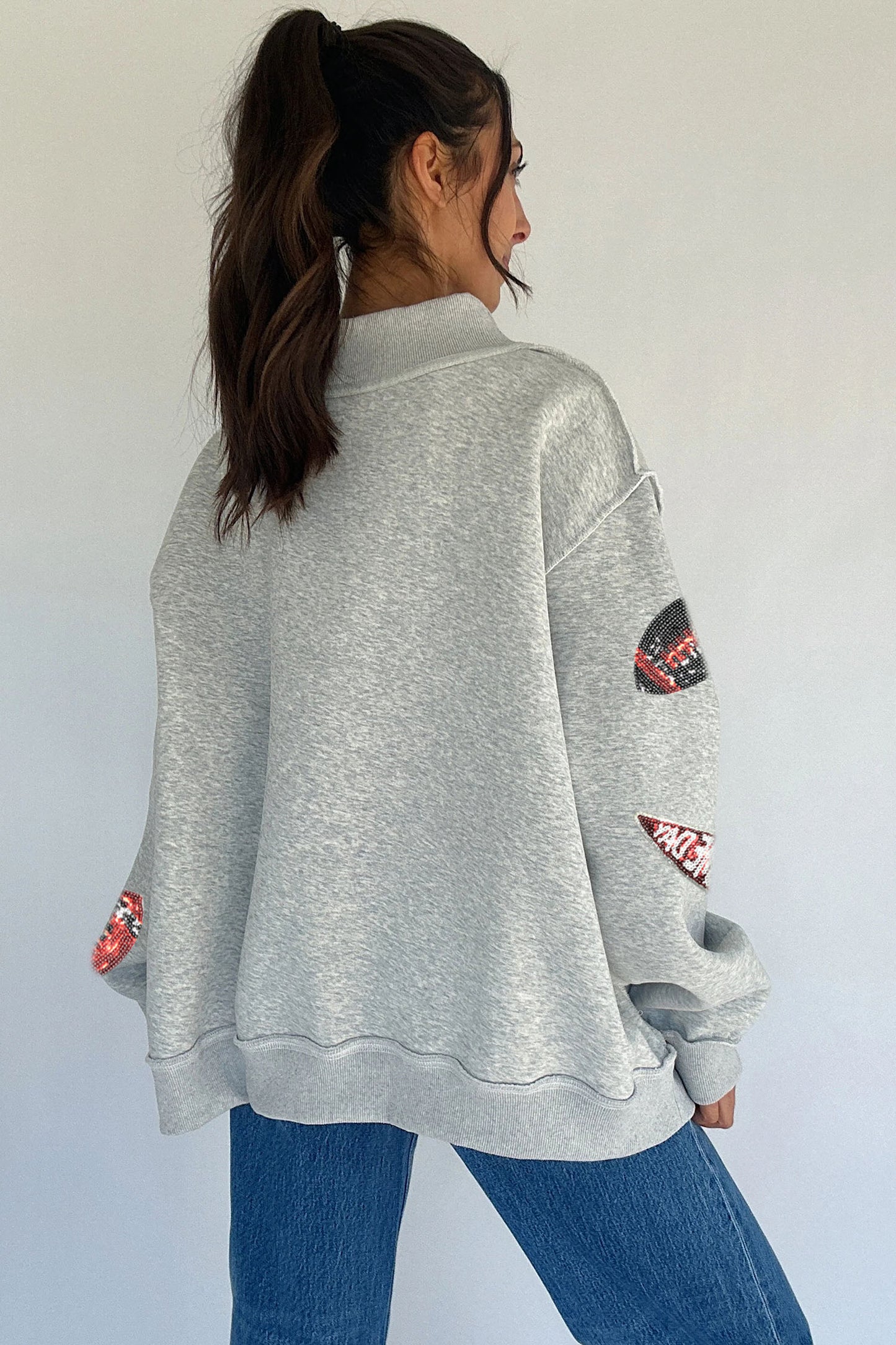 Grey Sequin Game Day High Neck Baggy Sweatshirt