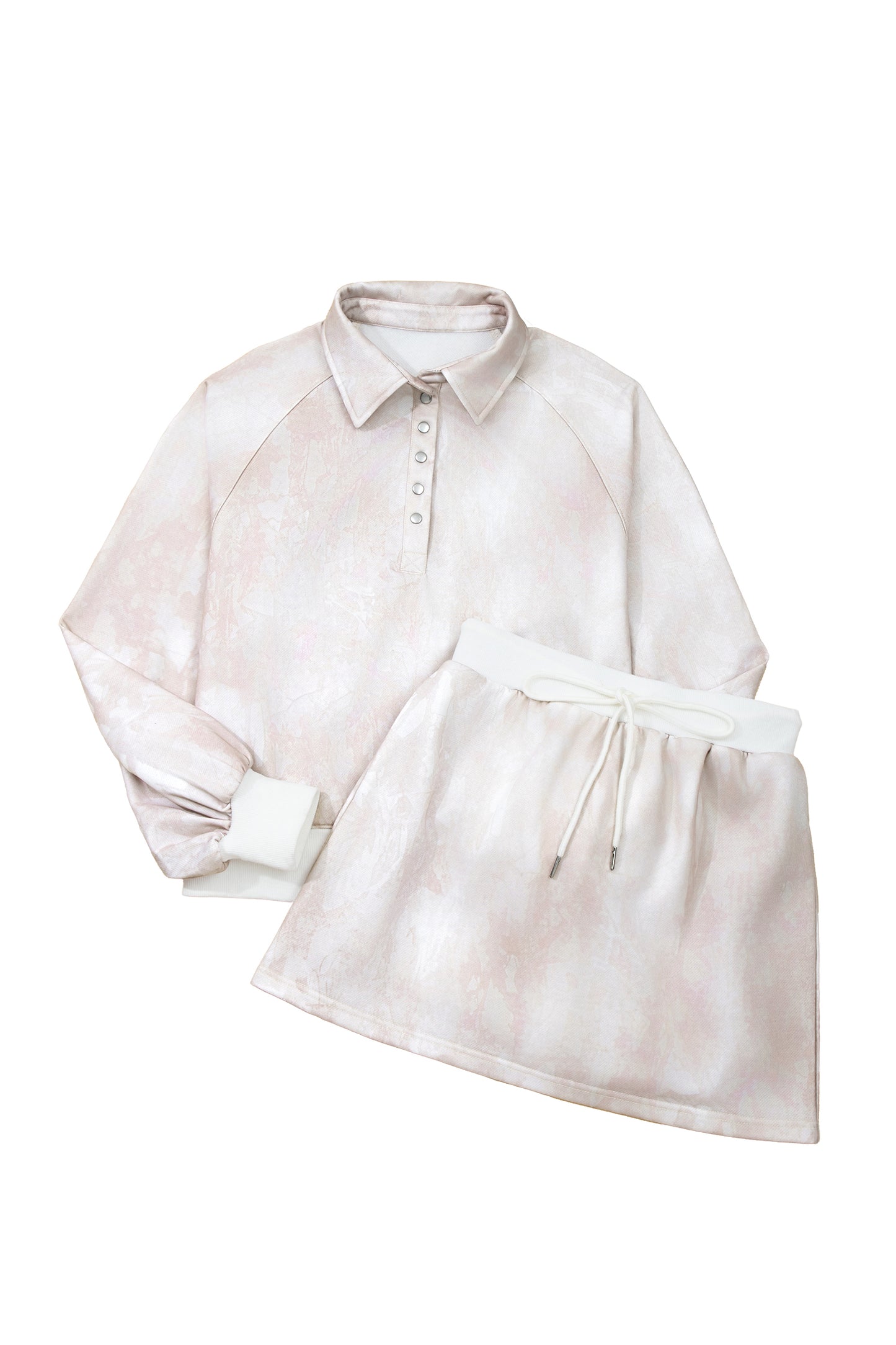 White Abstract Woodland Print Balloon Sleeve Pullover Drawstring Mini Skirt Set