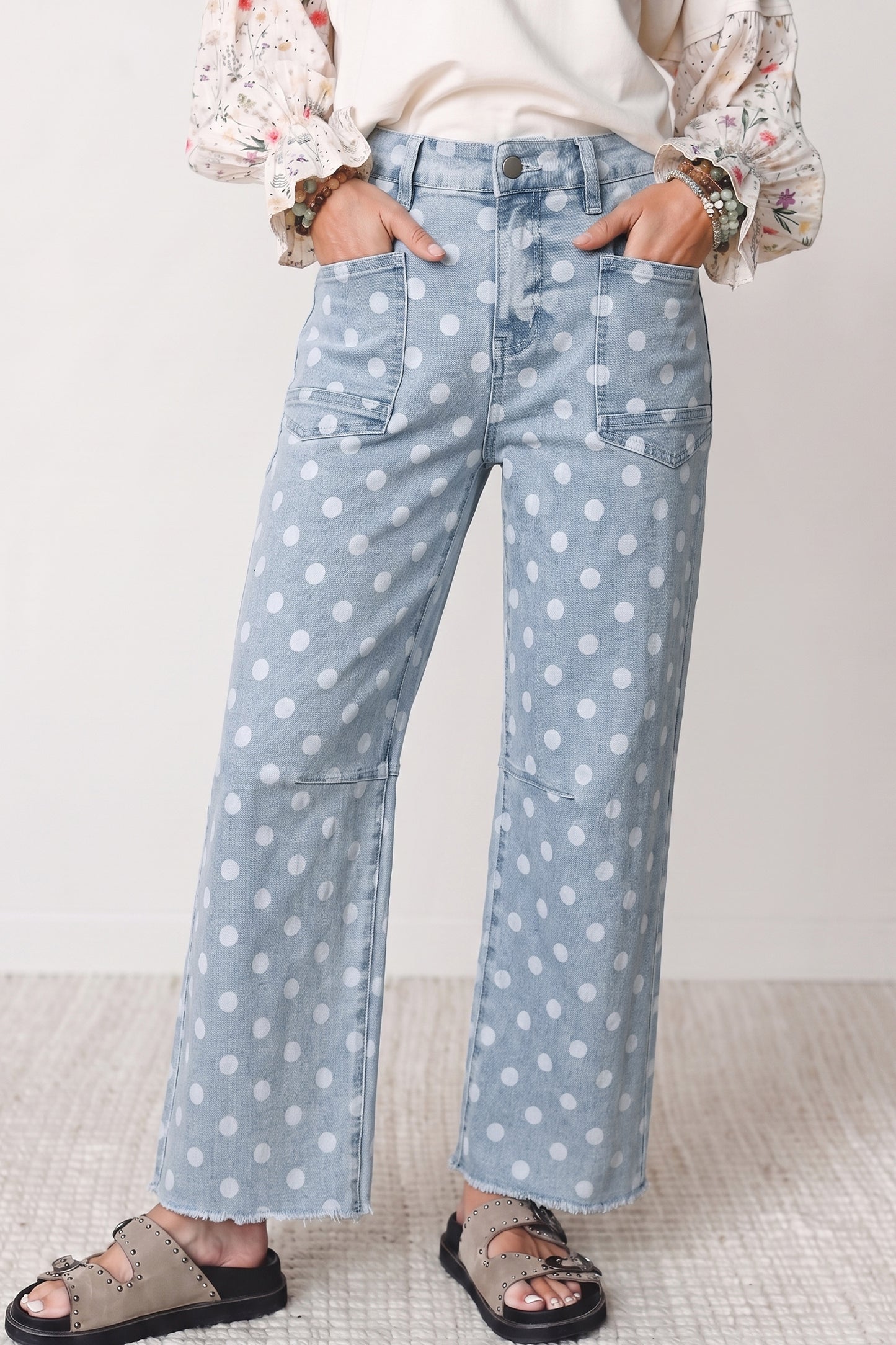 Pink Polka Dot Casual Slim Fit Jeans