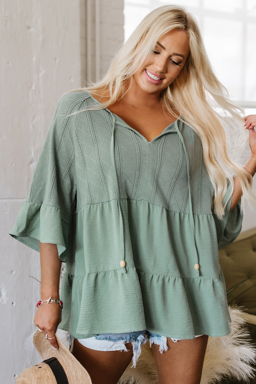 Sage Green Textured Ruffle Patchwork Blouse
