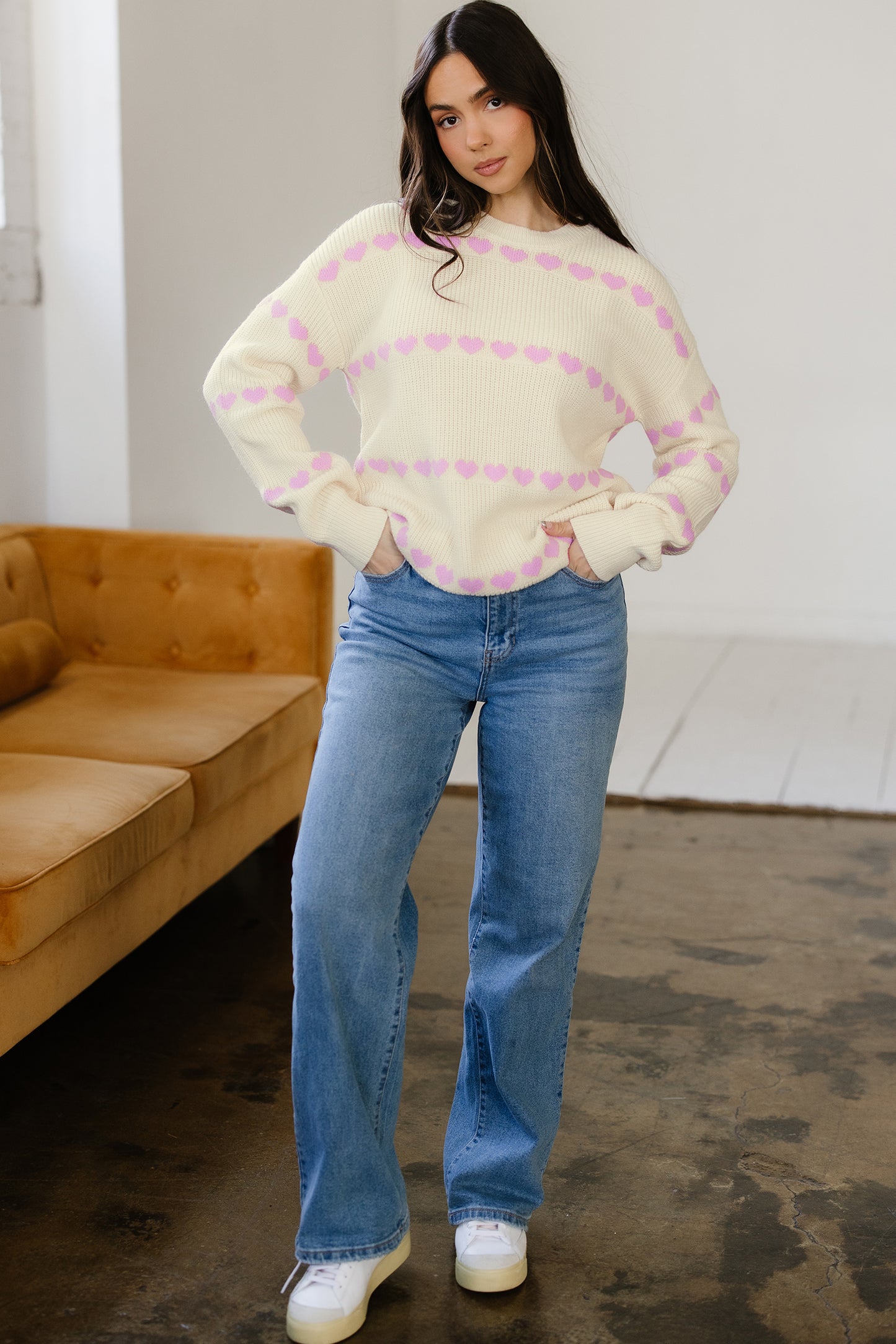 Pink Heart Pattern Valentine Ribbed Knit Sweater