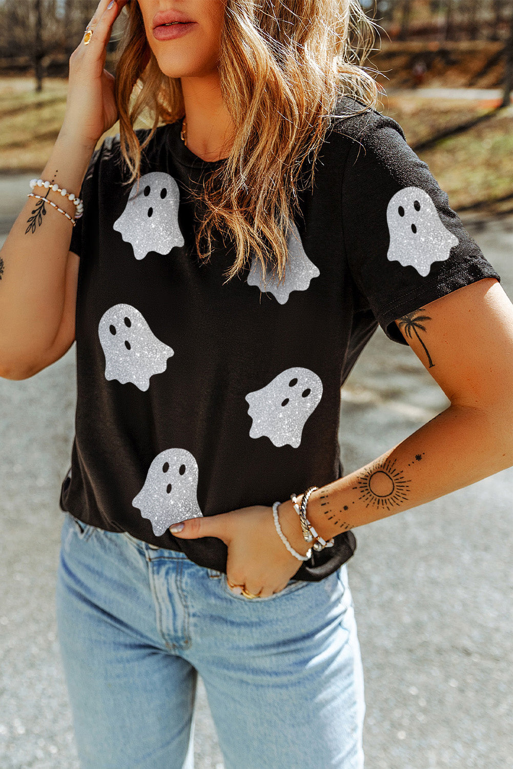 Glitter Ghost Pattern Crew Neck Halloween T Shirt