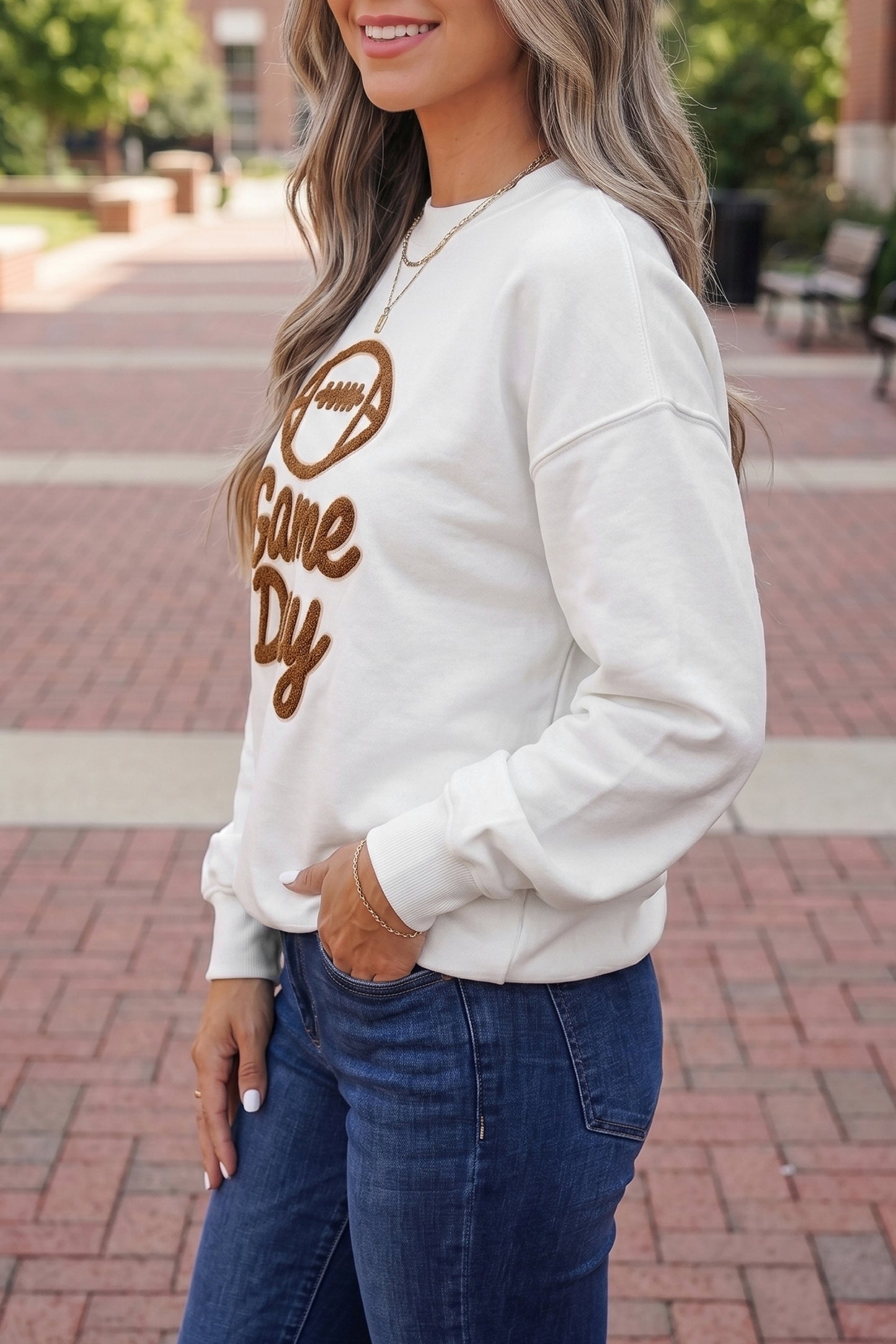 White Embroidered Game Day Sweatshirt