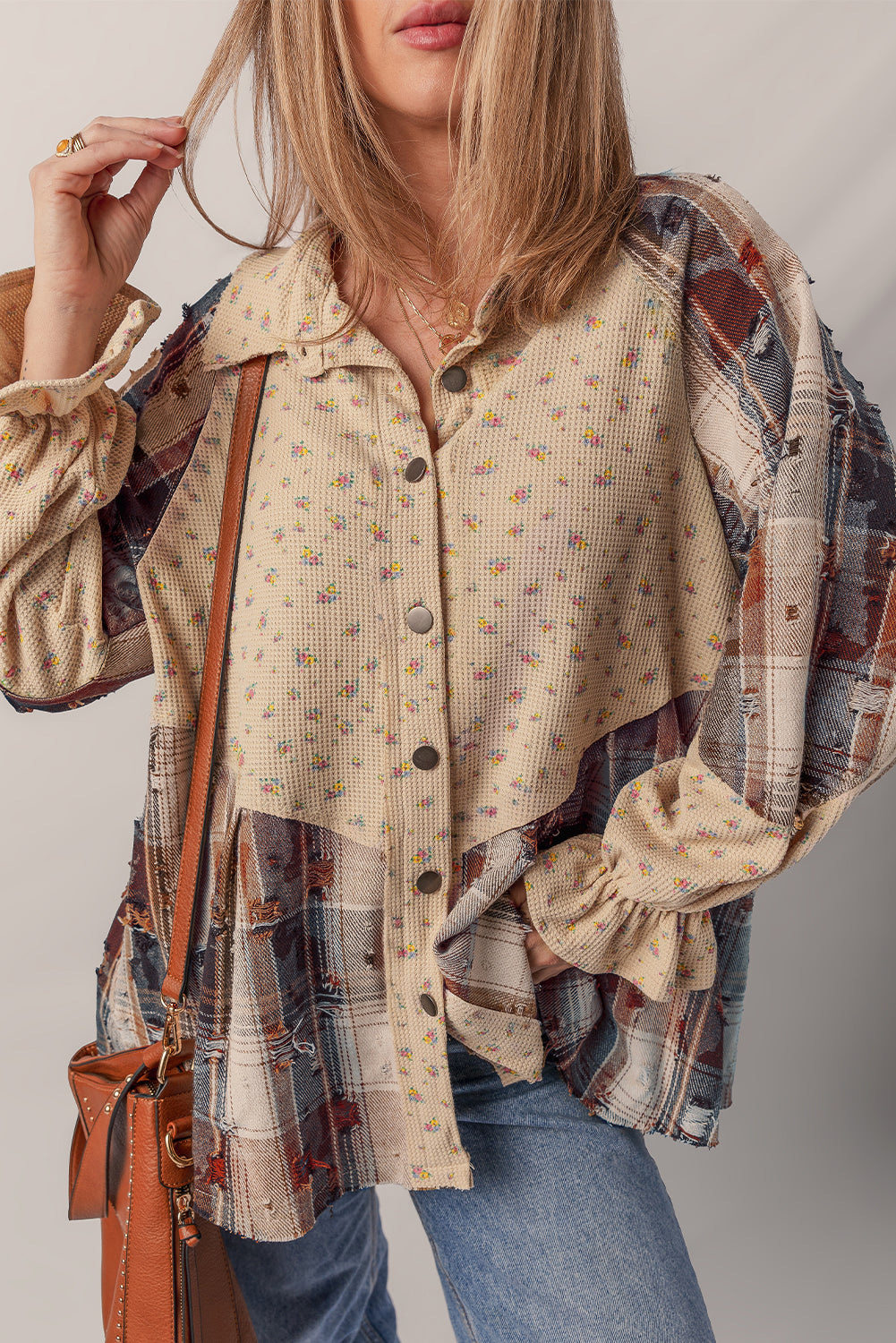 Oatmeal Boho Floral Plaid Patchwork Distressed Detail Ruffled Sleeve Waffle Knit Shacket