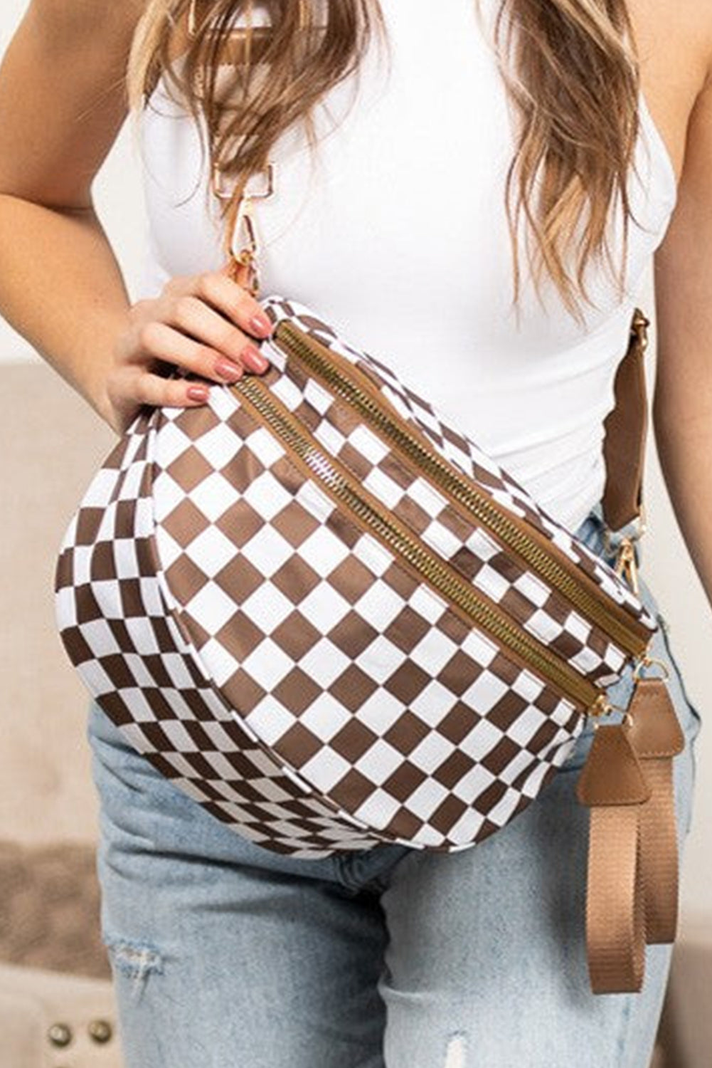 White Checkered Print Wide Strap Large Crossbody Bag