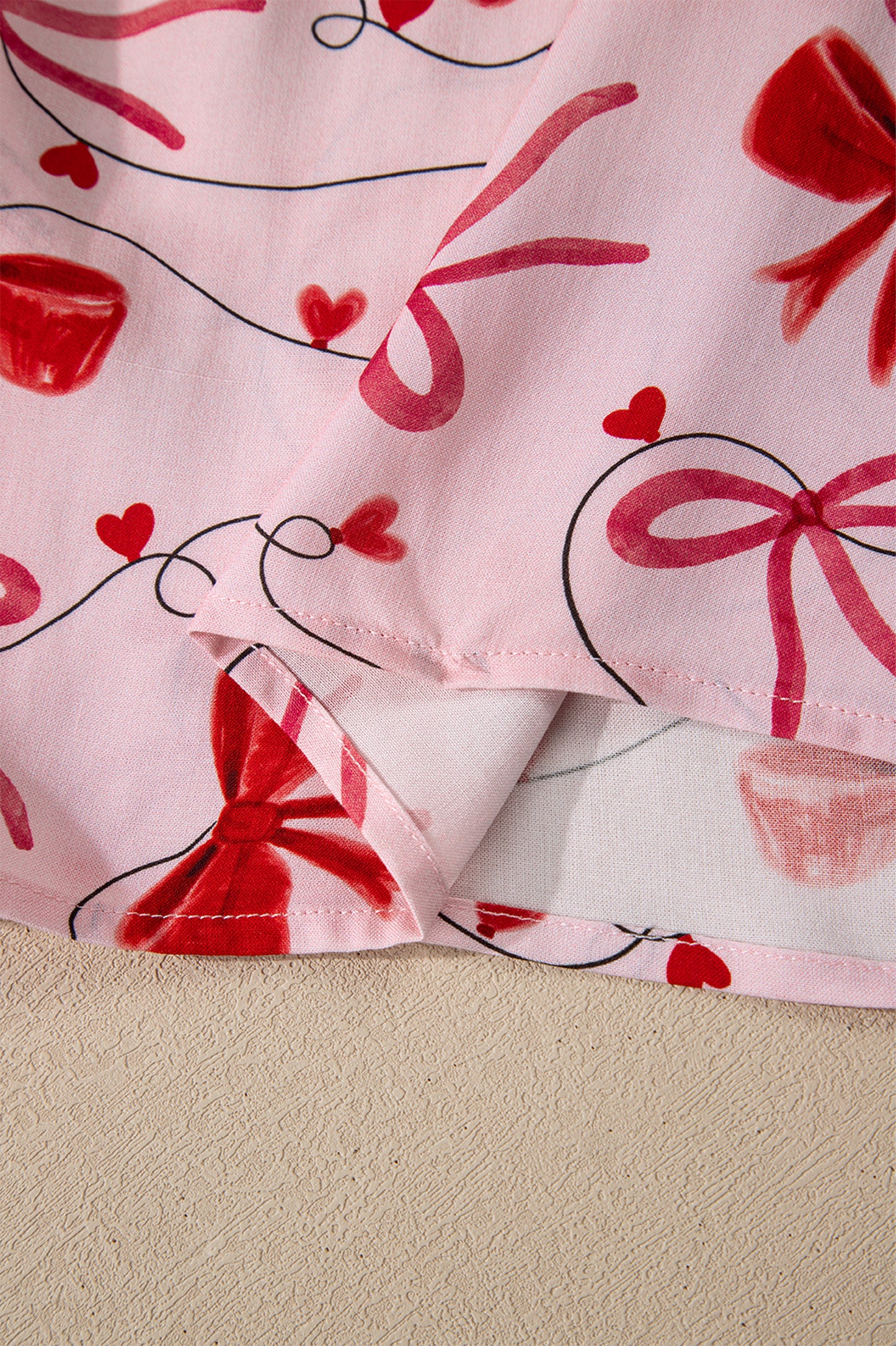 Red Bow Print Valentine Long Sleeve Shirt Shorts 2 Pcs Pajama Set
