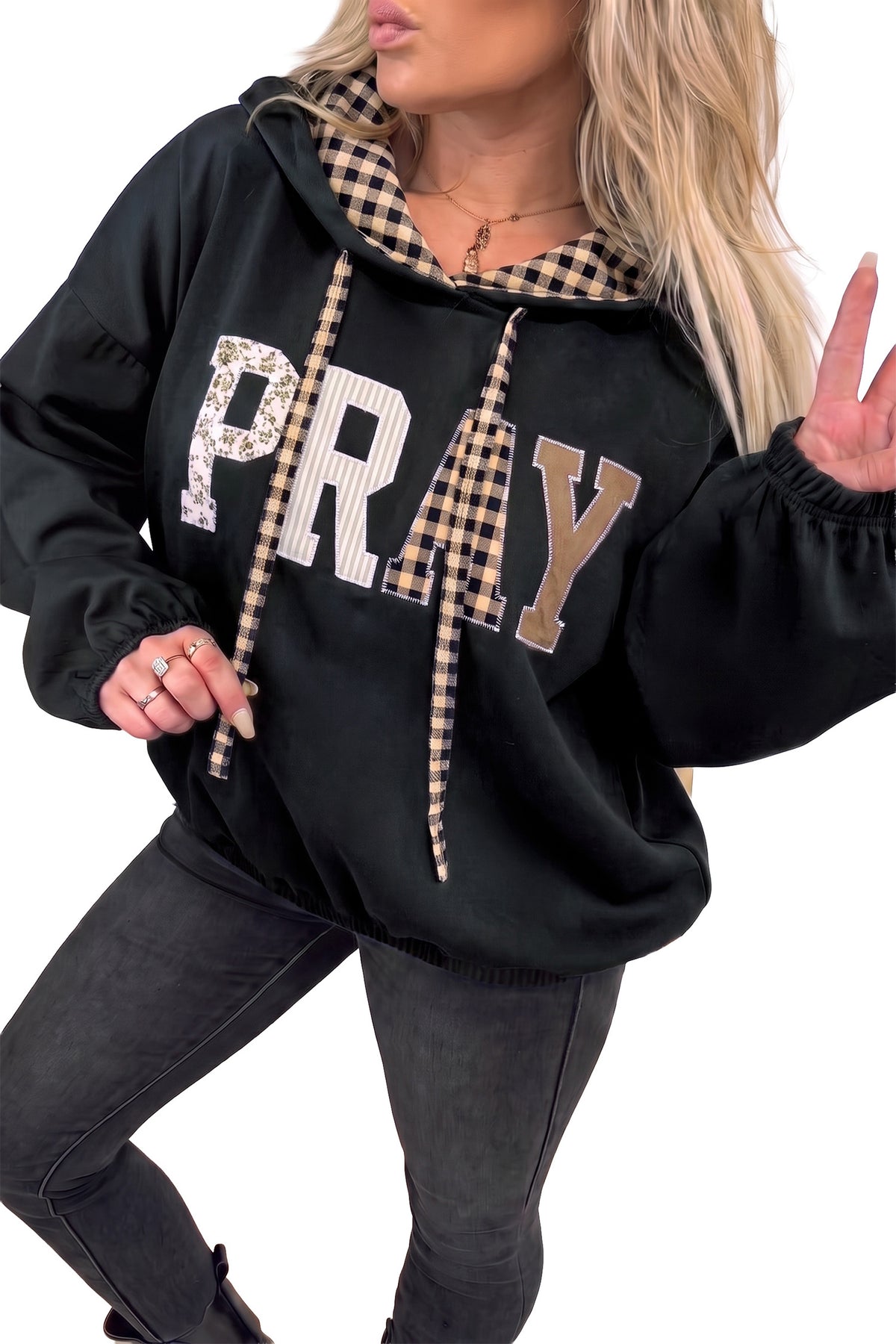 PRAY Graphic Plaid Contrast Drawstring Hoodie