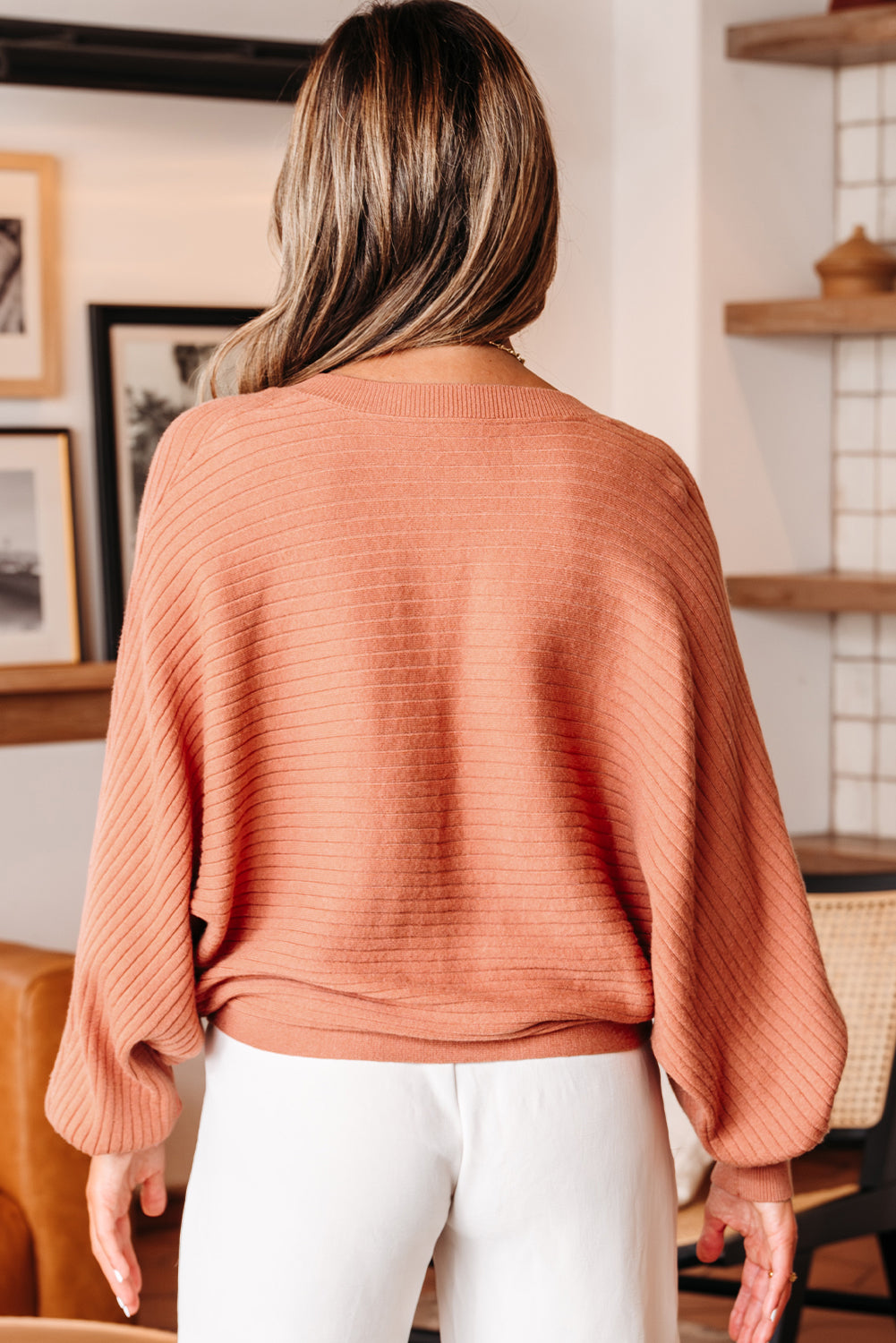 Apricot Pink Wide Rib Knit Button Front Dolman Sleeve Sweater Cardigan
