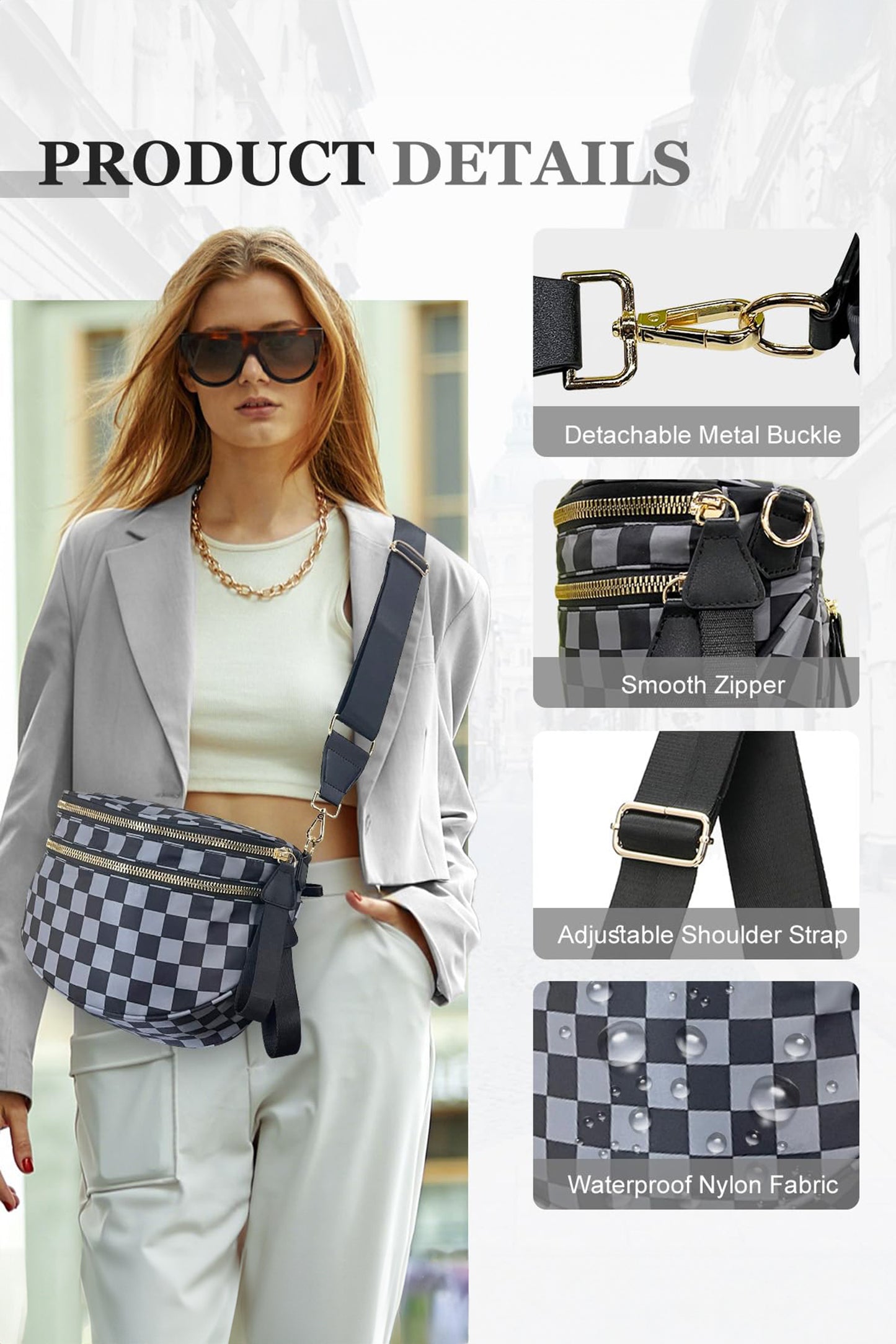 White Checkered Print Wide Strap Large Crossbody Bag