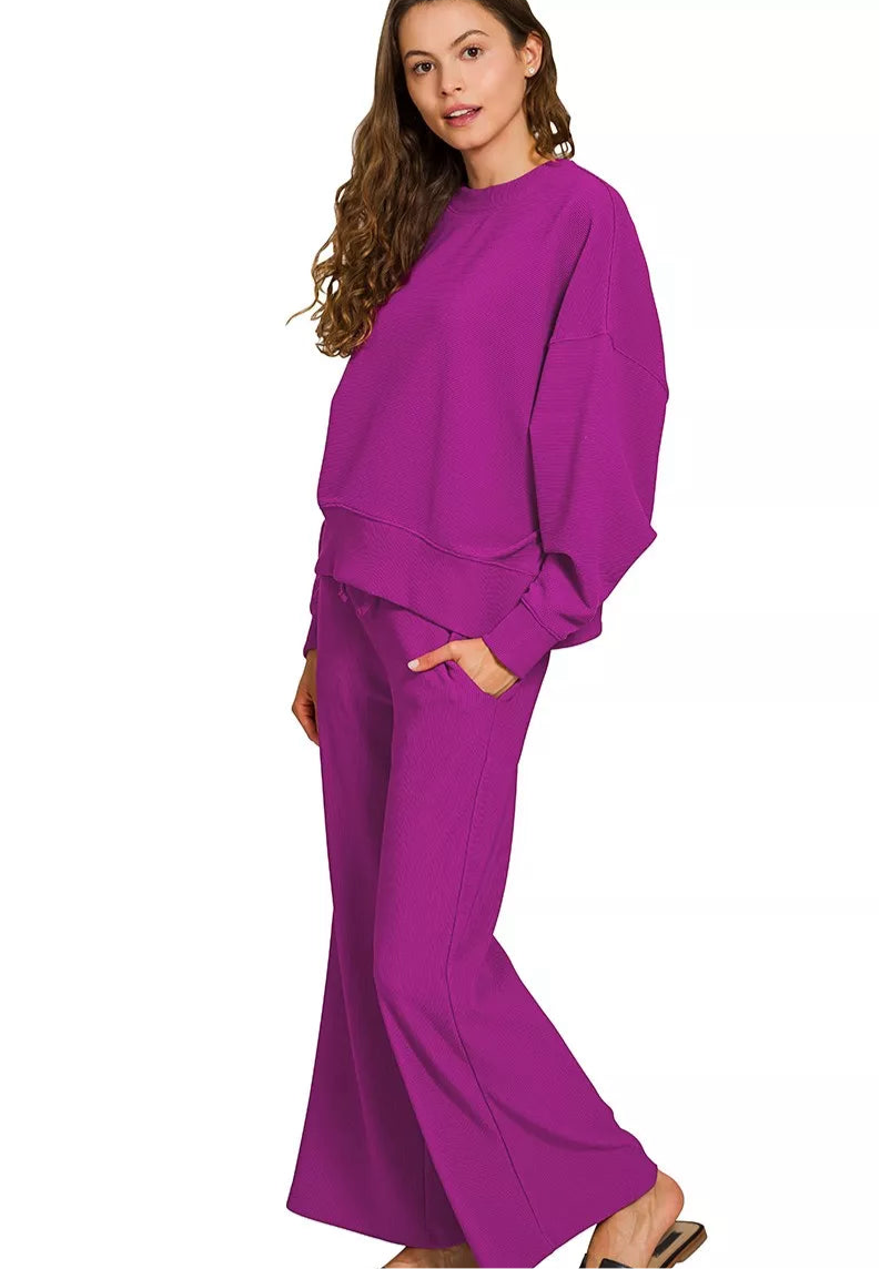 Zenana Ribbed Round Neck Pullover and Drawstring Pants Set
