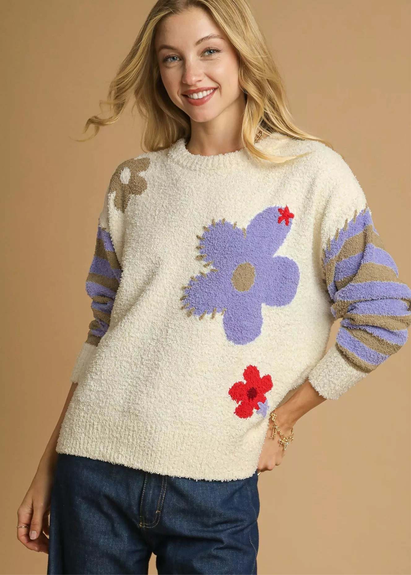 Umgee Flower Jacquard Striped Long Sleeve Sweater